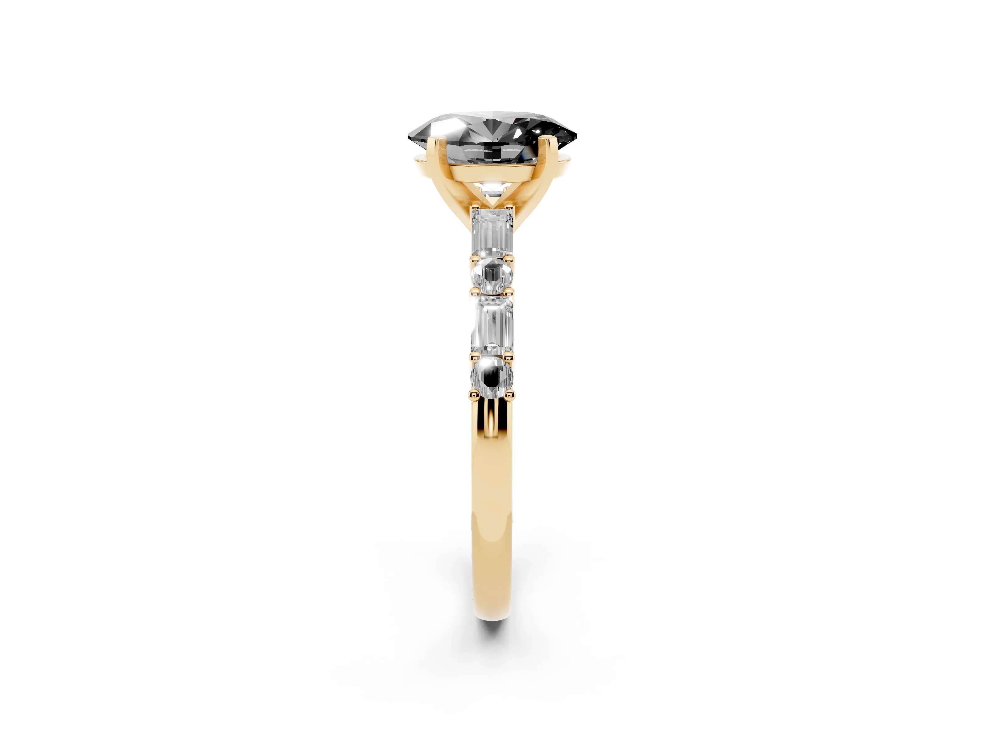 Fancy Black Oval Cut Diamond Solitaire Set in Yellow gold with Side Baguettes and Channel Set Band