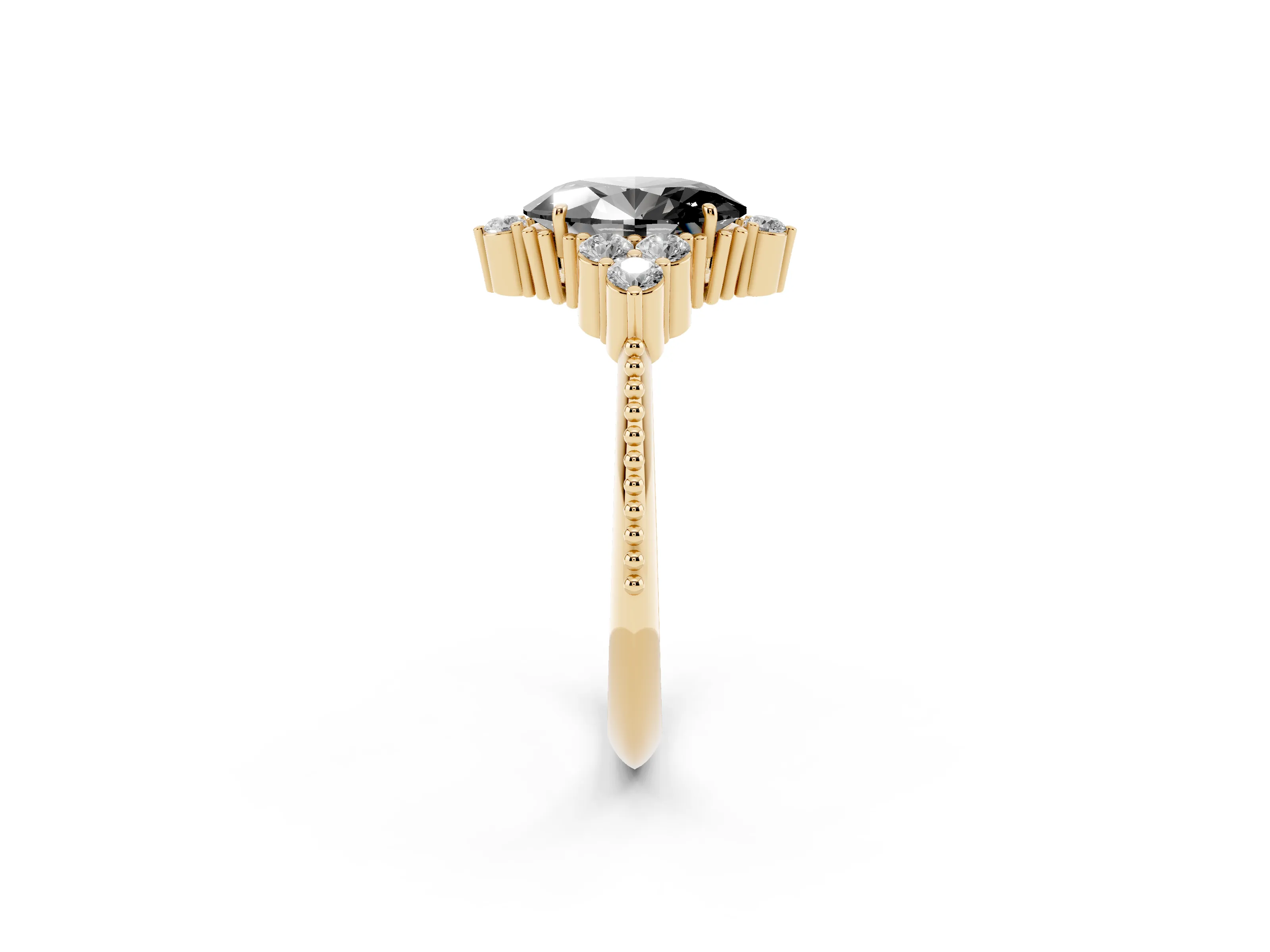 Fancy Black Oval Cut Diamond Cluster Ring Set in Yellow gold with Beaded Band