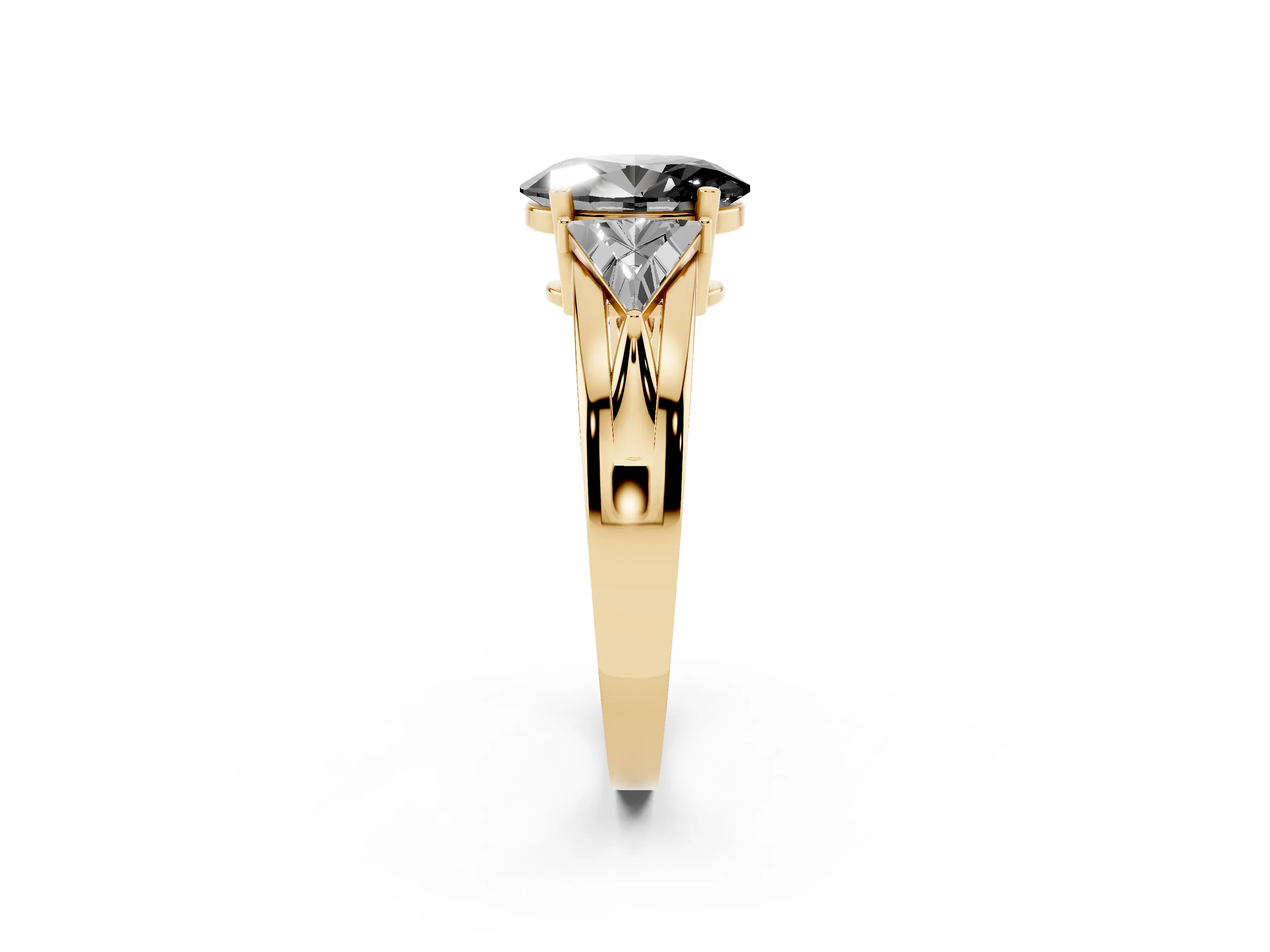 Fancy Black Oval Cut Diamond Three-Stone Ring Set in Yellow gold with Trillion Side Stones and Split Shank