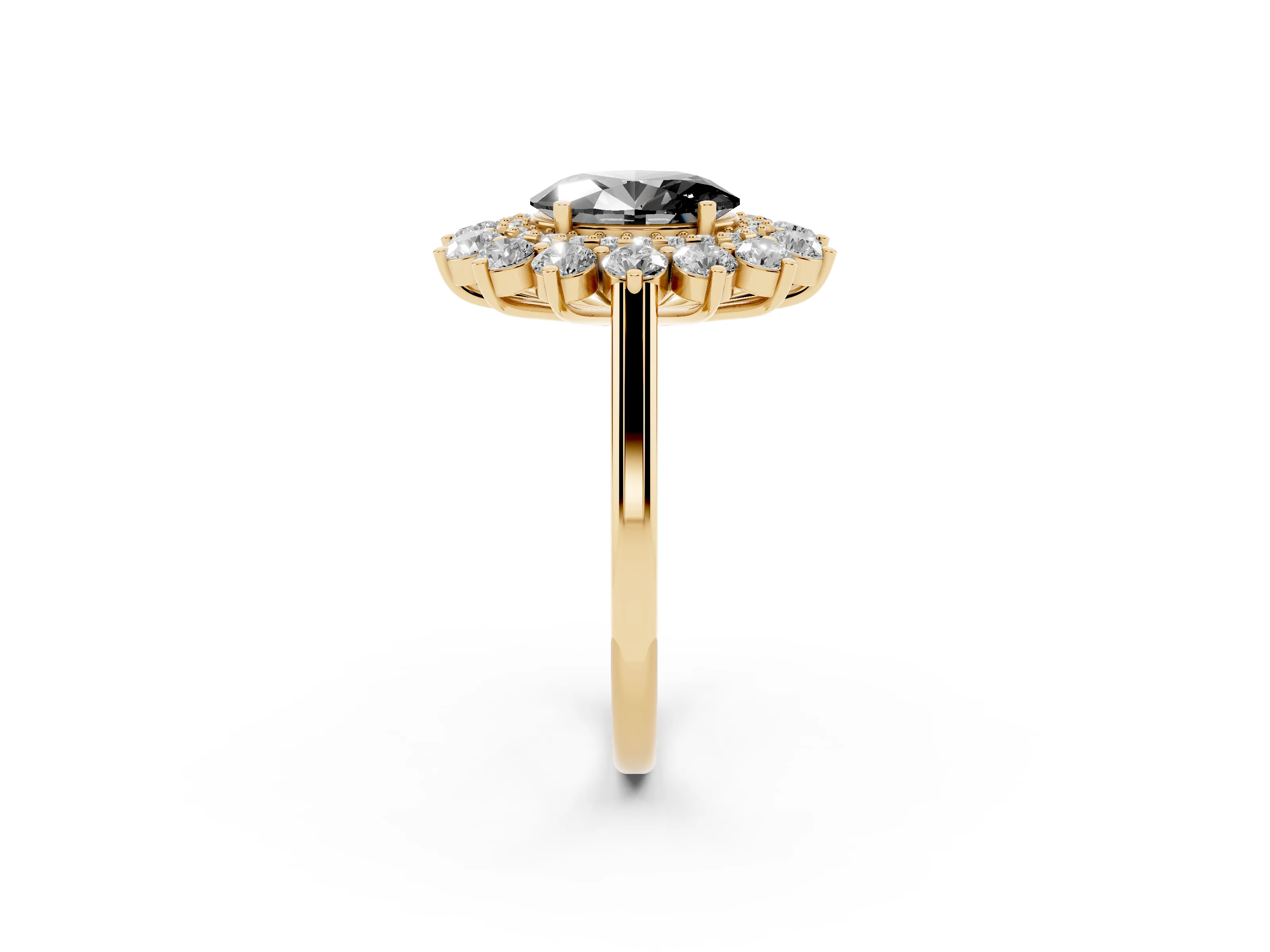 Fancy Black Oval Cut Diamond Floral Double Halo Ring Set in Yellow gold with Round Petals