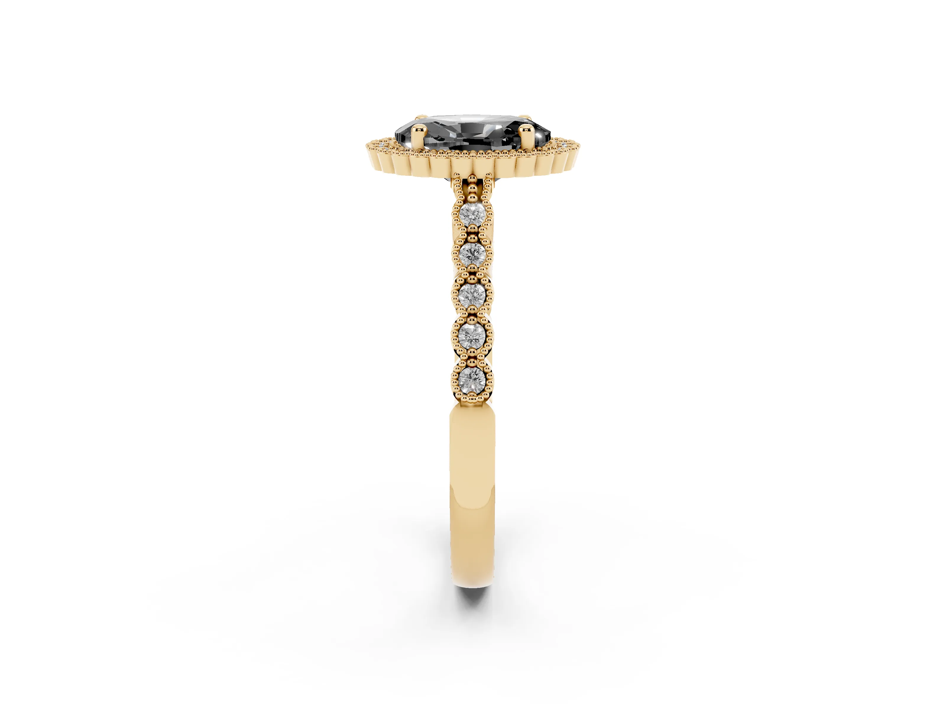 Fancy Black Oval Cut Diamond Halo Ring Set in Yellow gold with Pavé Milgrain Band
