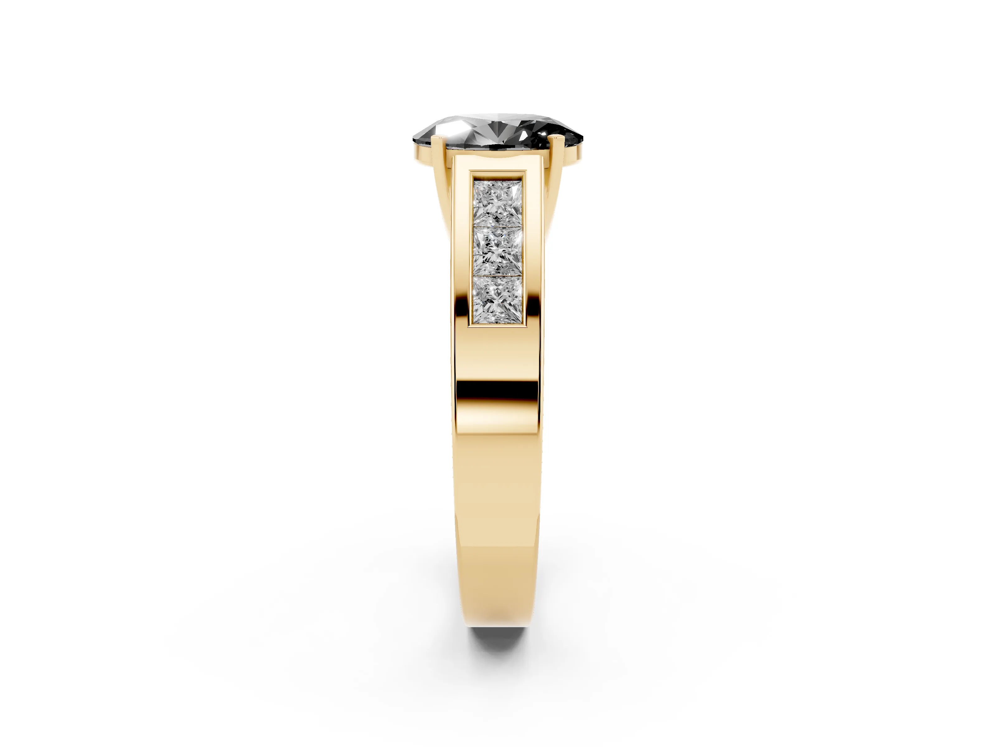 Fancy Black Oval Cut Diamond Solitaire Ring Set in Yellow gold with Channel-Set Accent Stones and Prong Setting