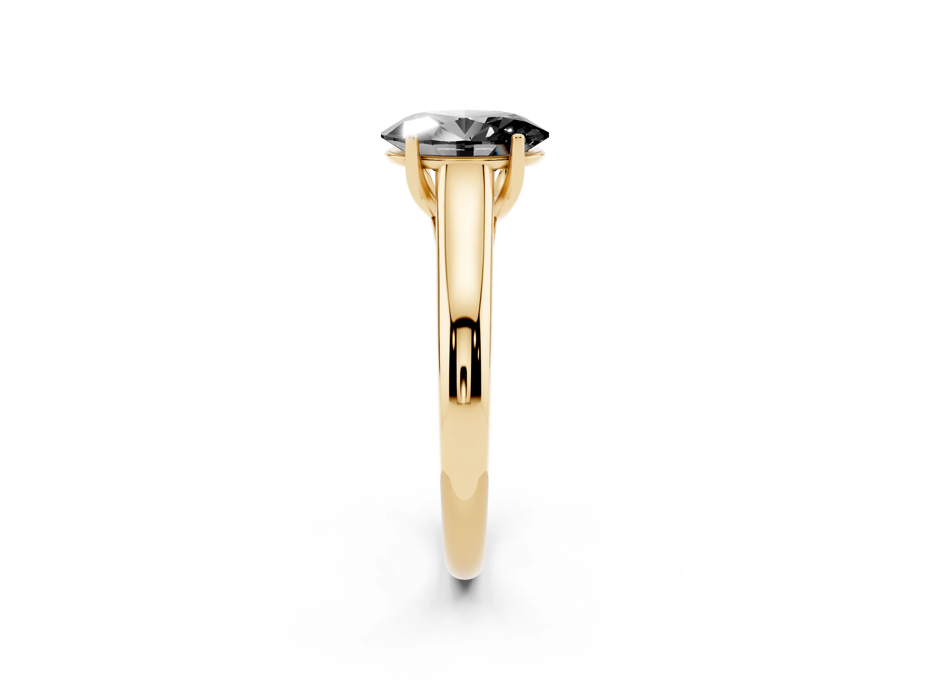 Fancy Black Oval Cut Diamond Solitaire Engagement Ring Set in Yellow gold with Subtly Tapered Band and Prong Setting