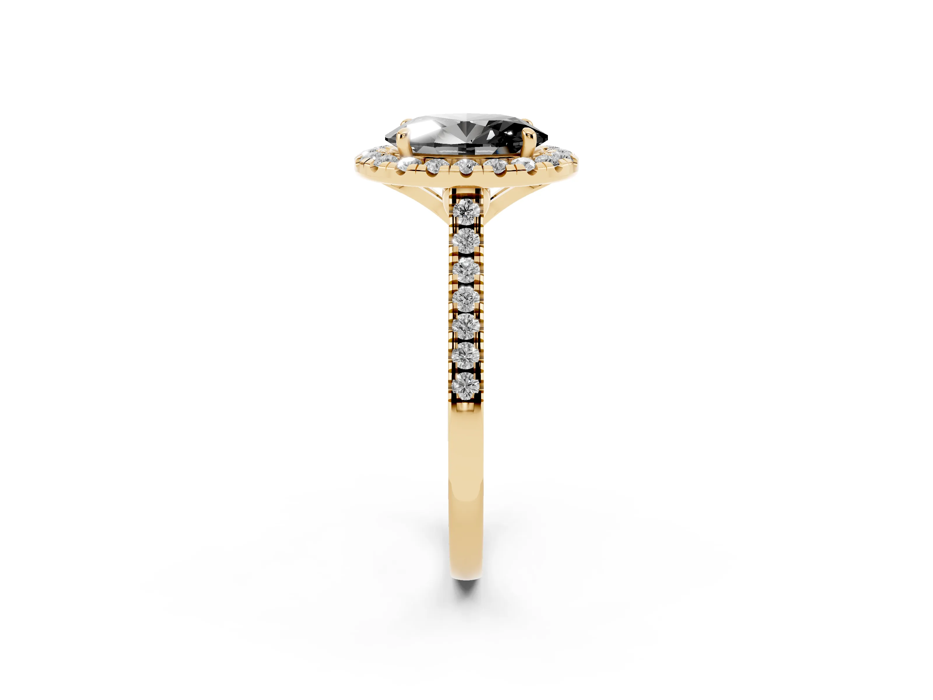 Fancy Black Oval Cut Diamond Cushion Halo Ring Set in Yellow gold with Pavé Band