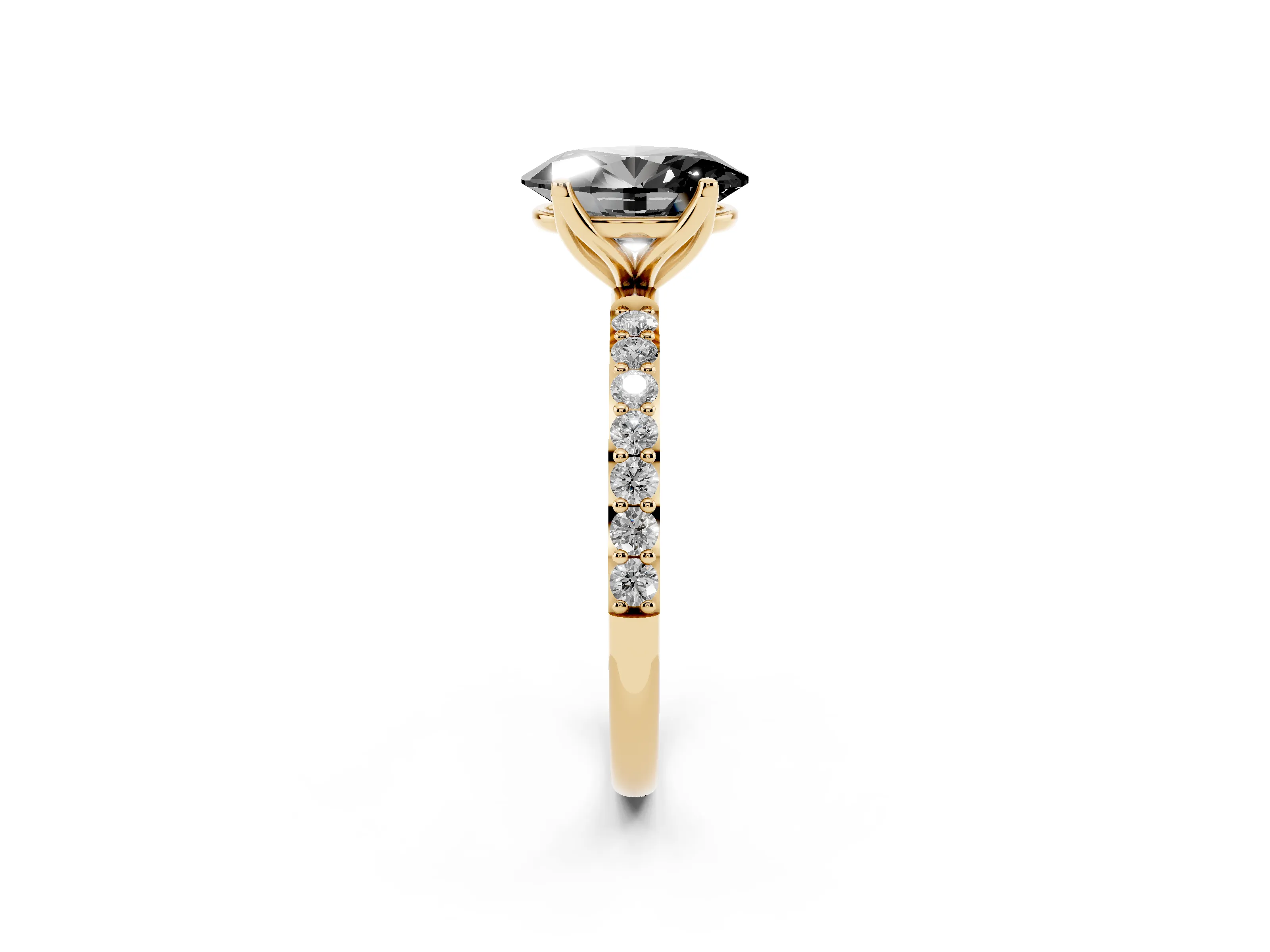 Fancy Black Oval Cut Diamond Solitaire Engagement Ring Set in Yellow gold with Round Pavé Band and Prong Setting