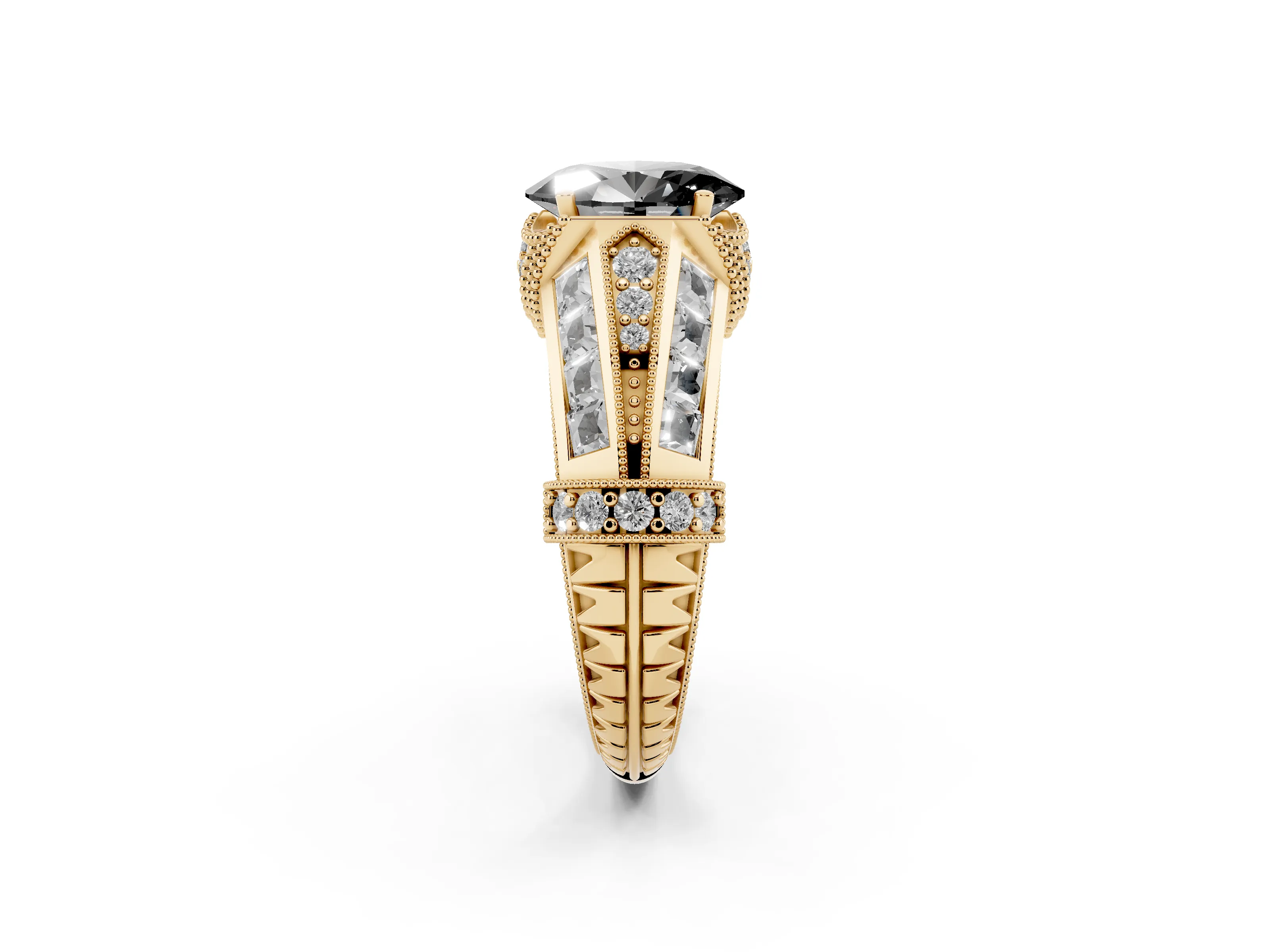Fancy Black Oval Cut Diamond Vintage-Inspired Milgrain Ring Set in Yellow gold with Accent Split Shank
