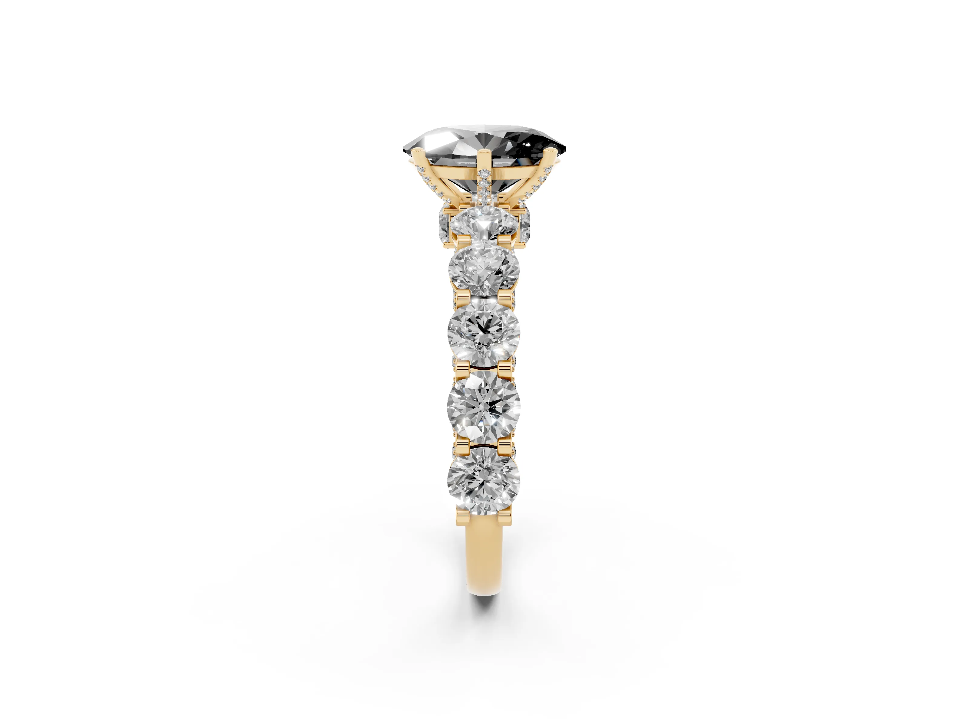 Fancy Black Oval Cut Diamond Side Stone Ring Set in Yellow gold with Alternating Round and Oval Side Stones