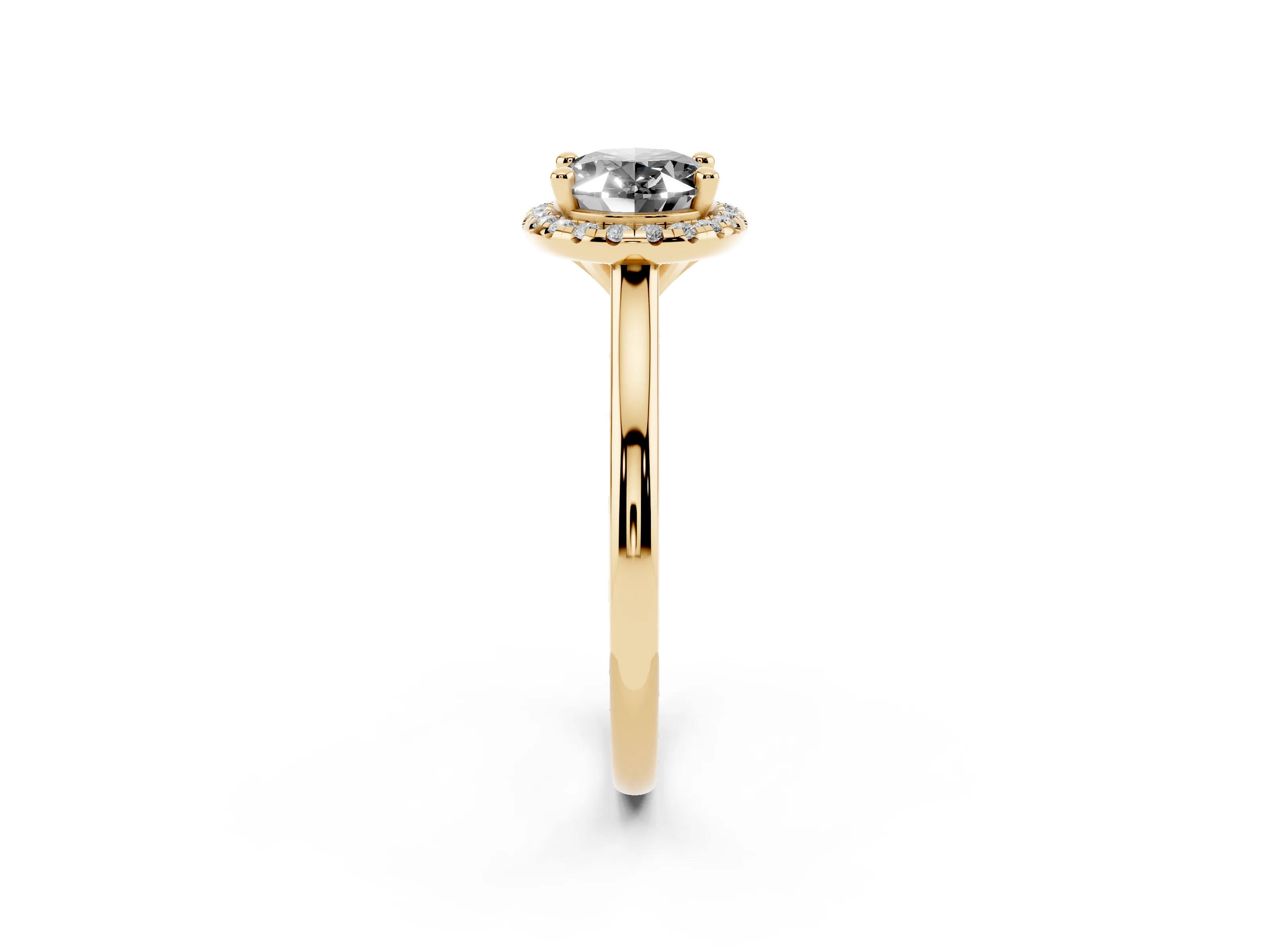 Fancy Black Oval Cut Diamond Halo Engagement Ring Set in Yellow gold with Pavé Band and Rising Shoulders