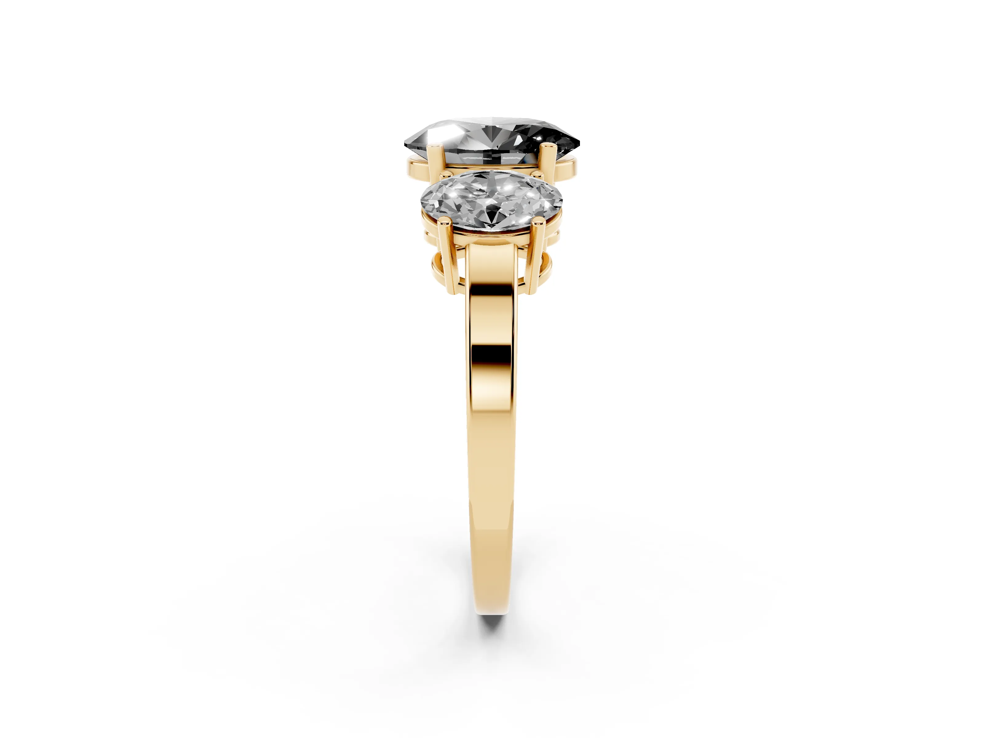 Fancy Black Oval Cut Diamond Three-Stone Engagement Ring Set in Yellow gold with Flat Band