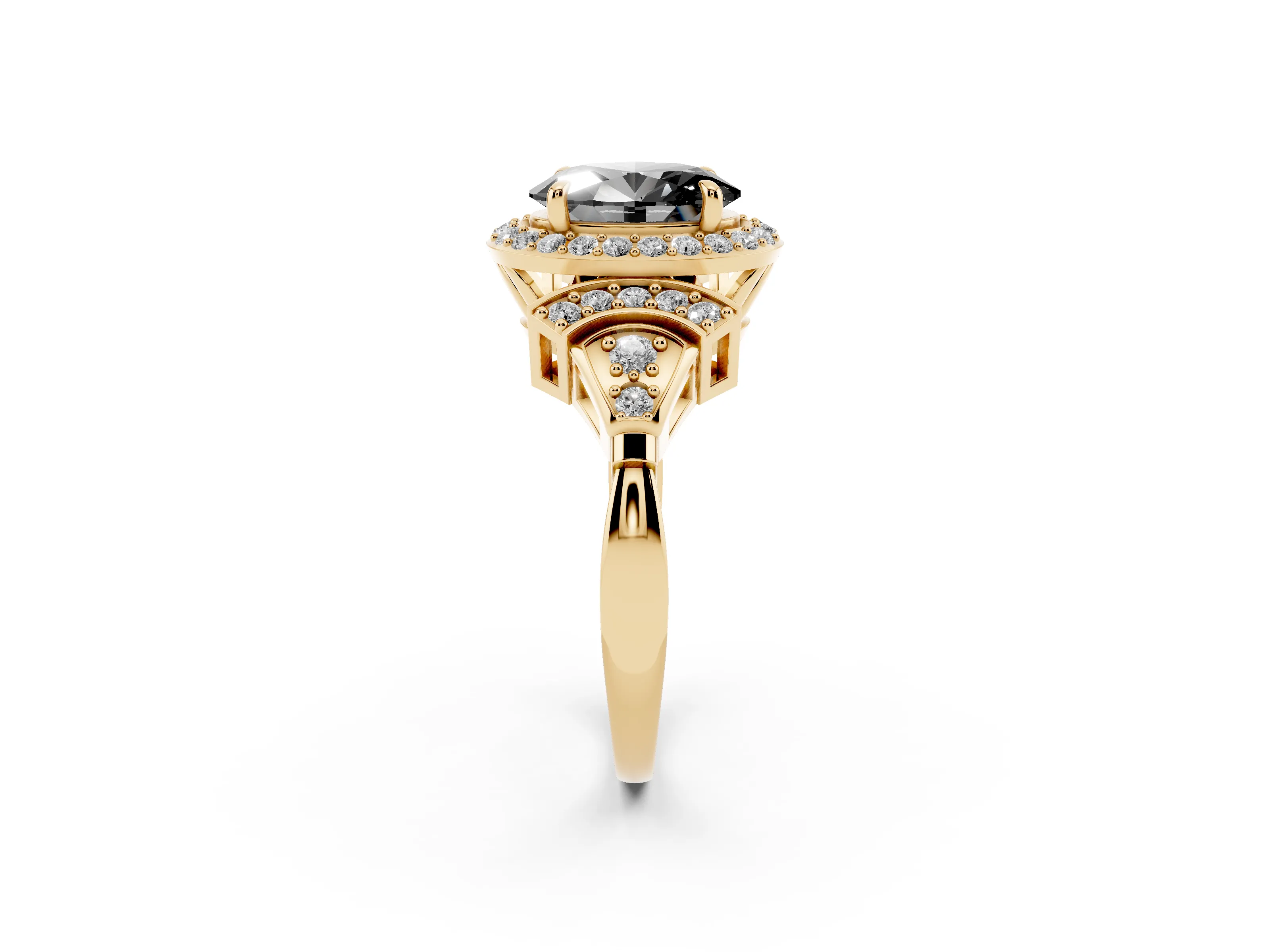 Fancy Black Oval Cut Diamond Halo Engagement Ring Set in Yellow gold with Accent Stone Split Shank