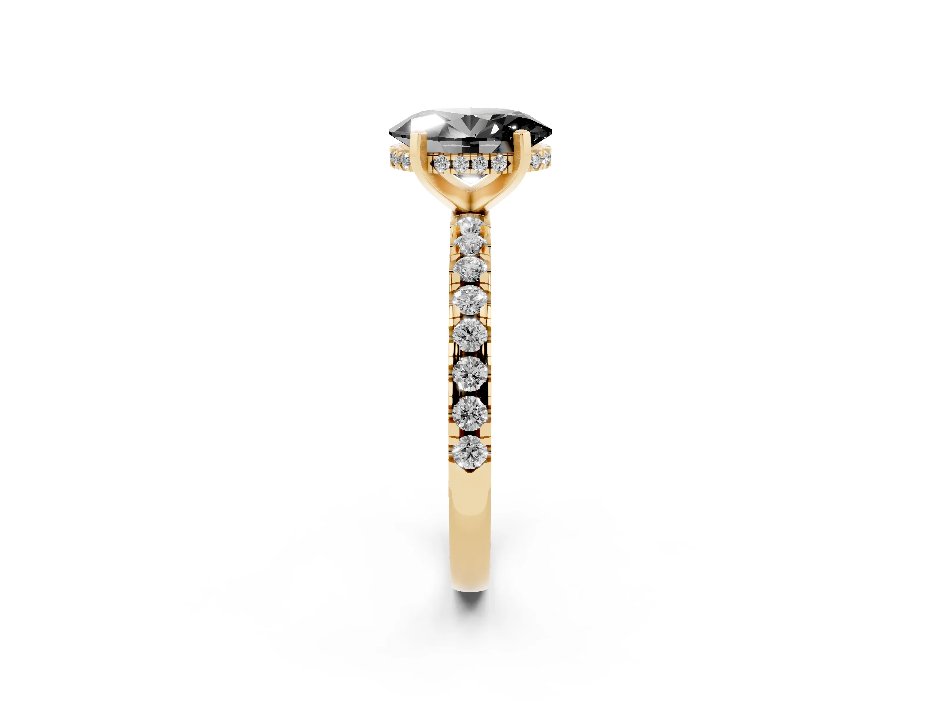 Fancy Black Oval Cut Diamond Pavé Solitaire Ring Set in Yellow gold with Round Band Accents and Prong Setting