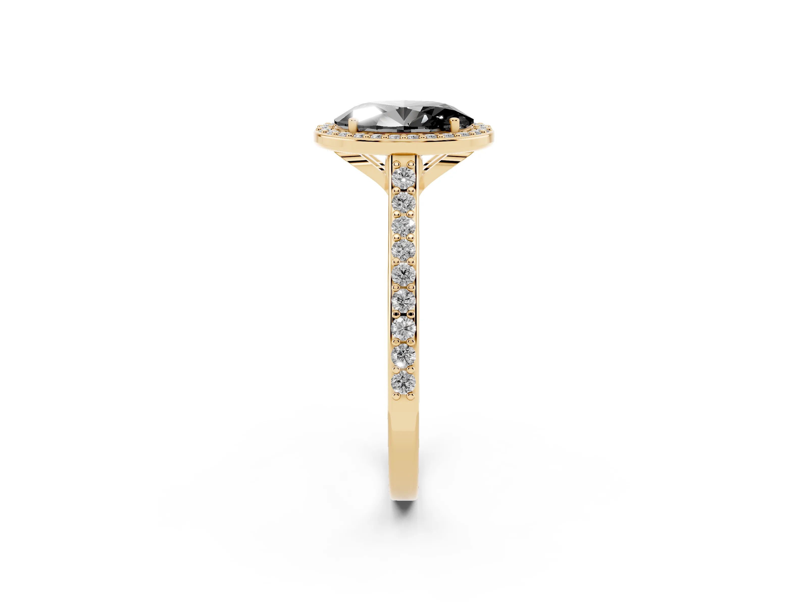 Fancy Black Oval Cut Diamond Halo Engagement Ring Set in Yellow gold with Round Pavé Shoulders and Heart Gallery