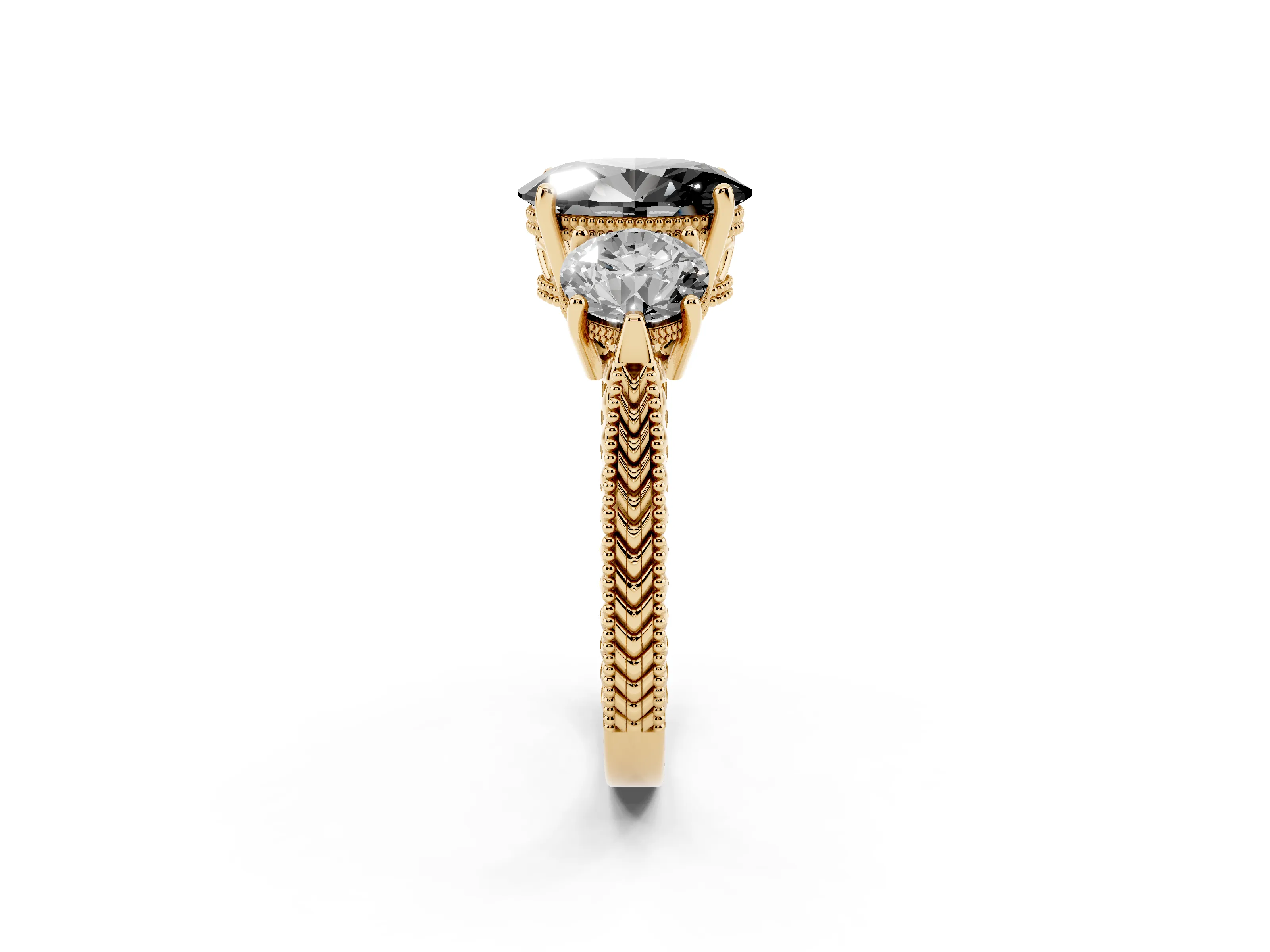 Fancy Black Oval Cut Diamond Three-Stone Ring Set in Yellow gold with Milgrain Band