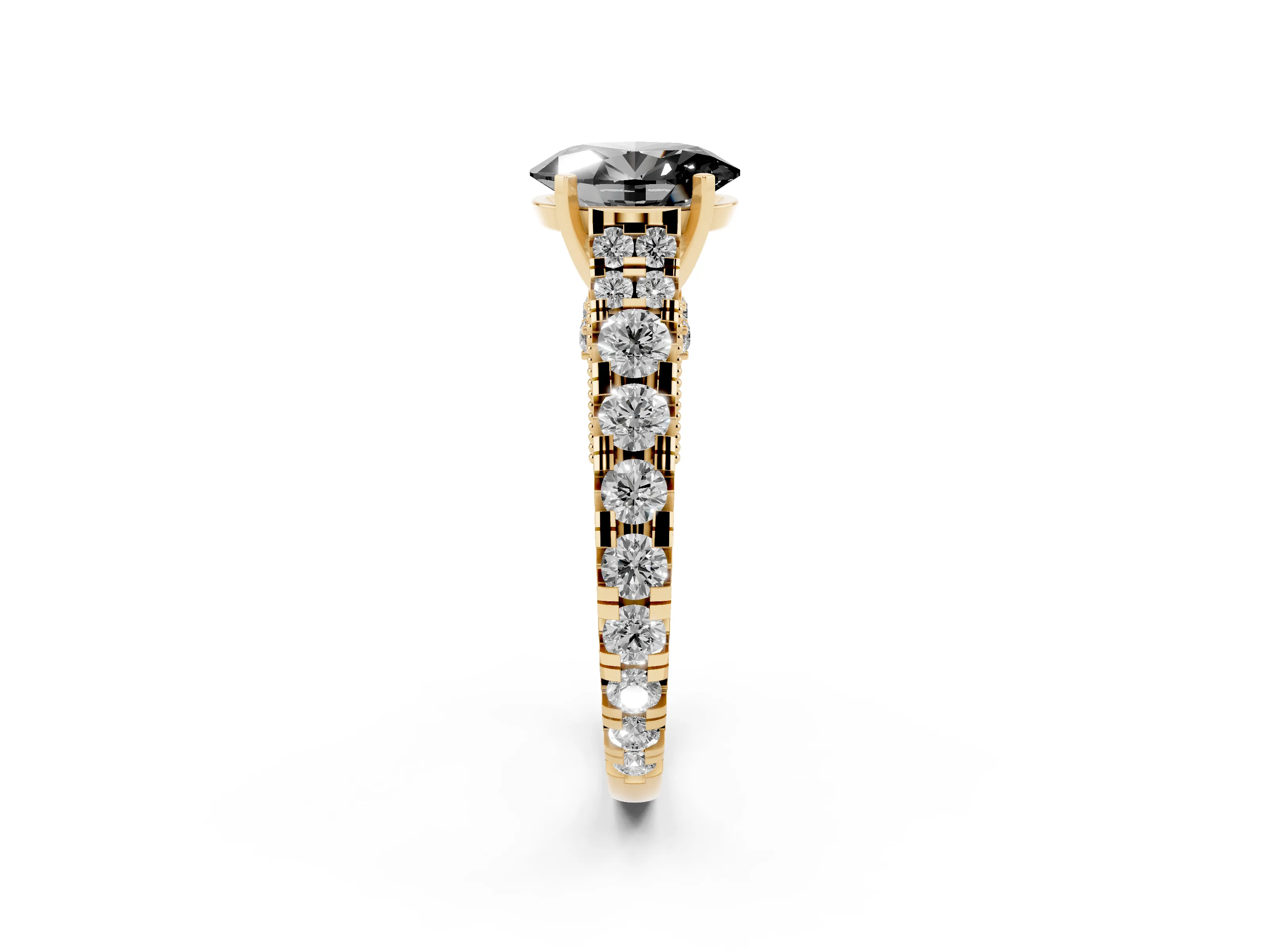 Fancy Black Oval Cut Diamond Classic Solitaire Ring Set in Yellow gold with Pavé Band and Prong Setting