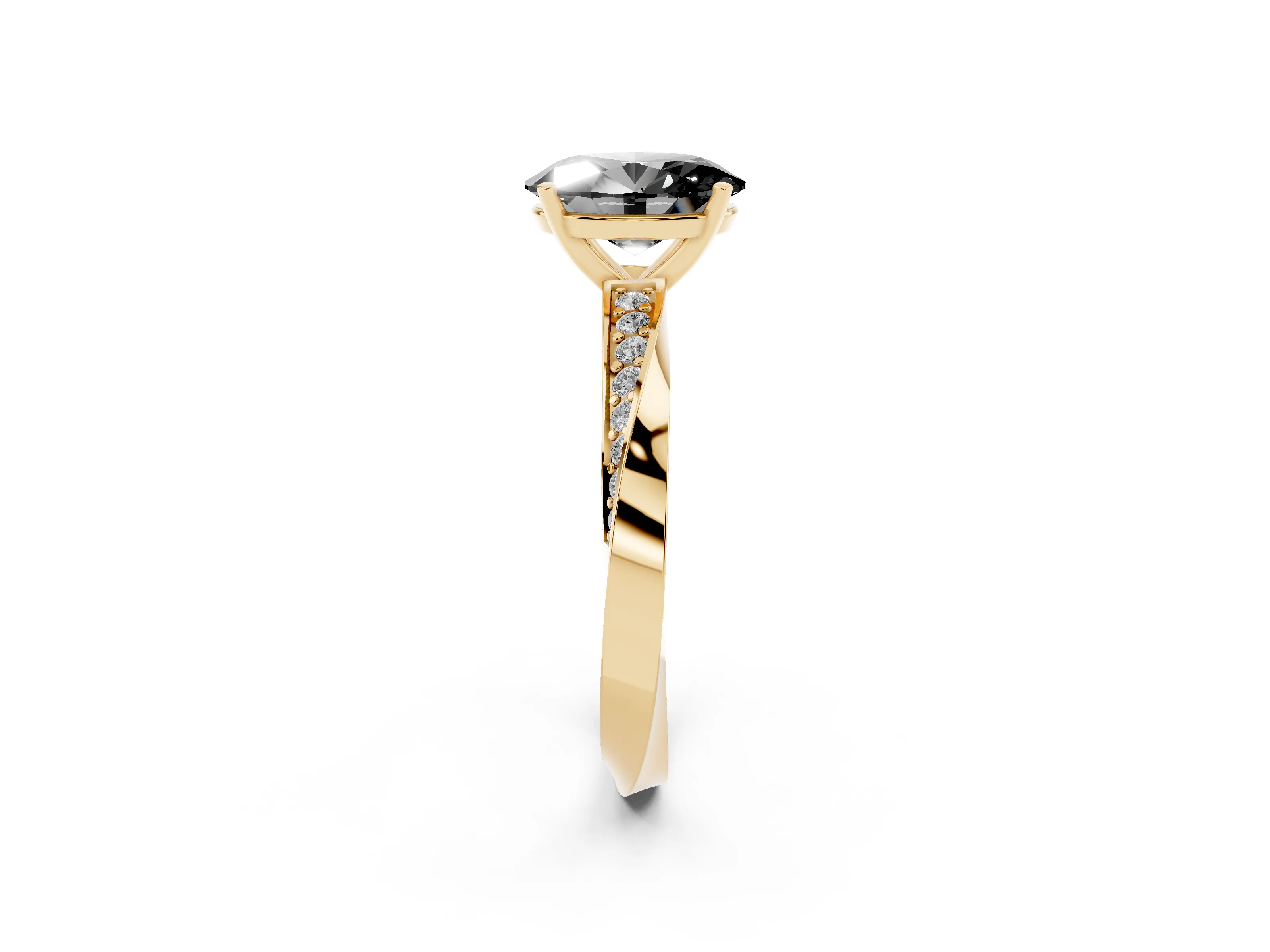 Fancy Black Oval Cut Diamond Engagement Ring Set in Yellow gold with Side Stone Accents and Prong Setting