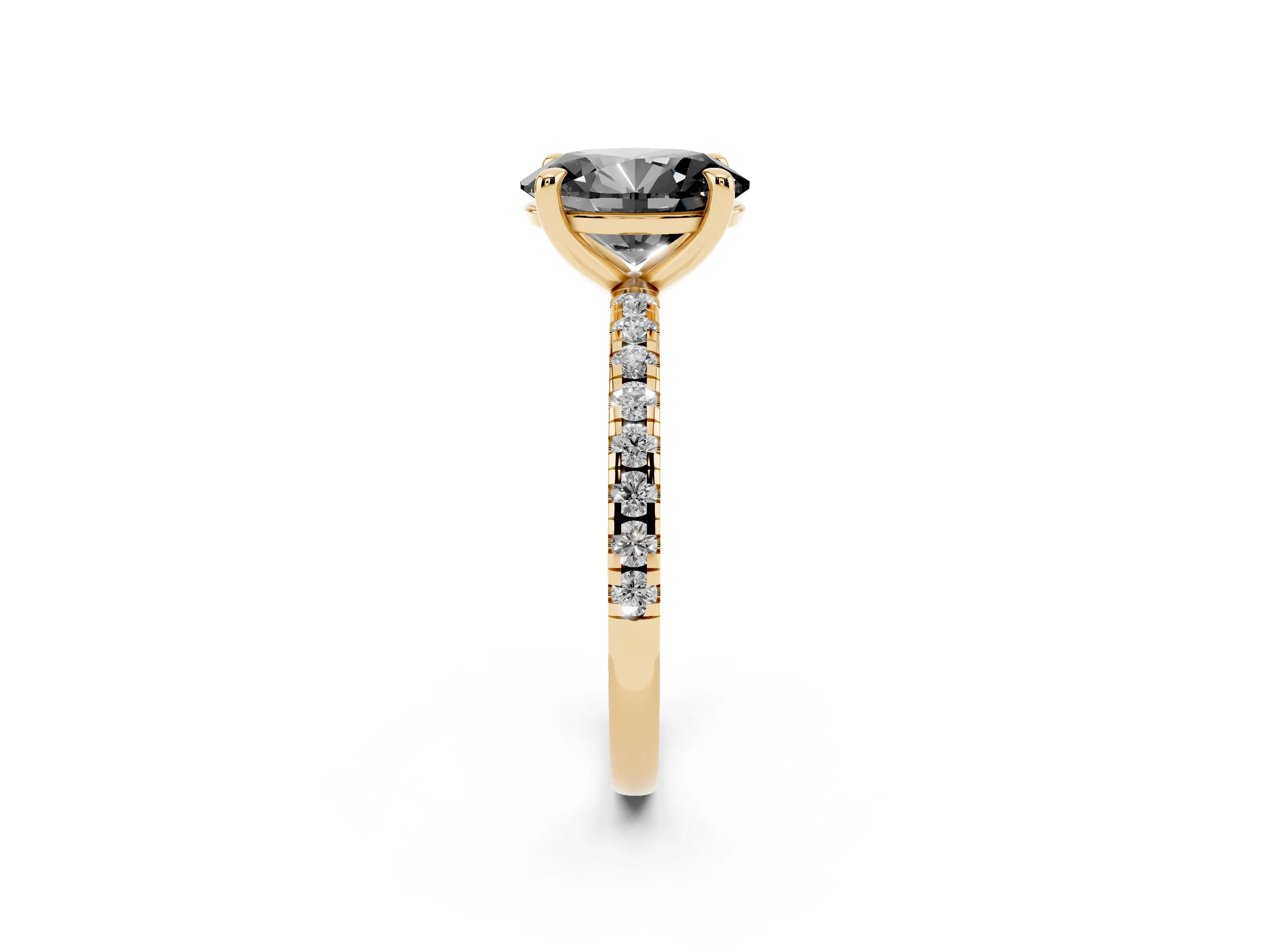 Fancy Black Oval Cut Diamond Brilliant Solitaire Ring Set in Yellow gold with Pavé Band and Prong Setting