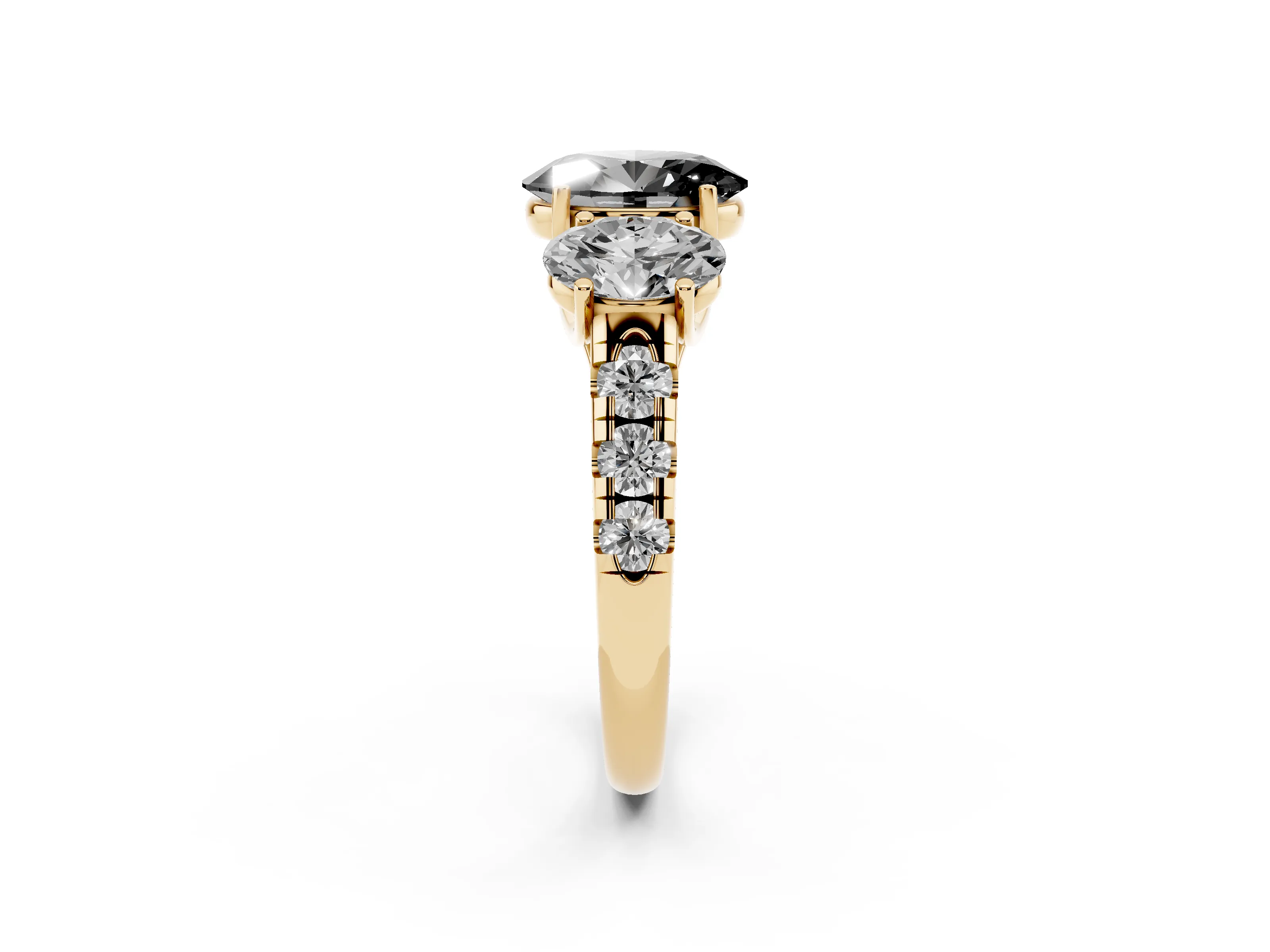 Fancy Black Oval Cut Diamond Three-Stone Ring Set in Yellow gold with Pavé Band