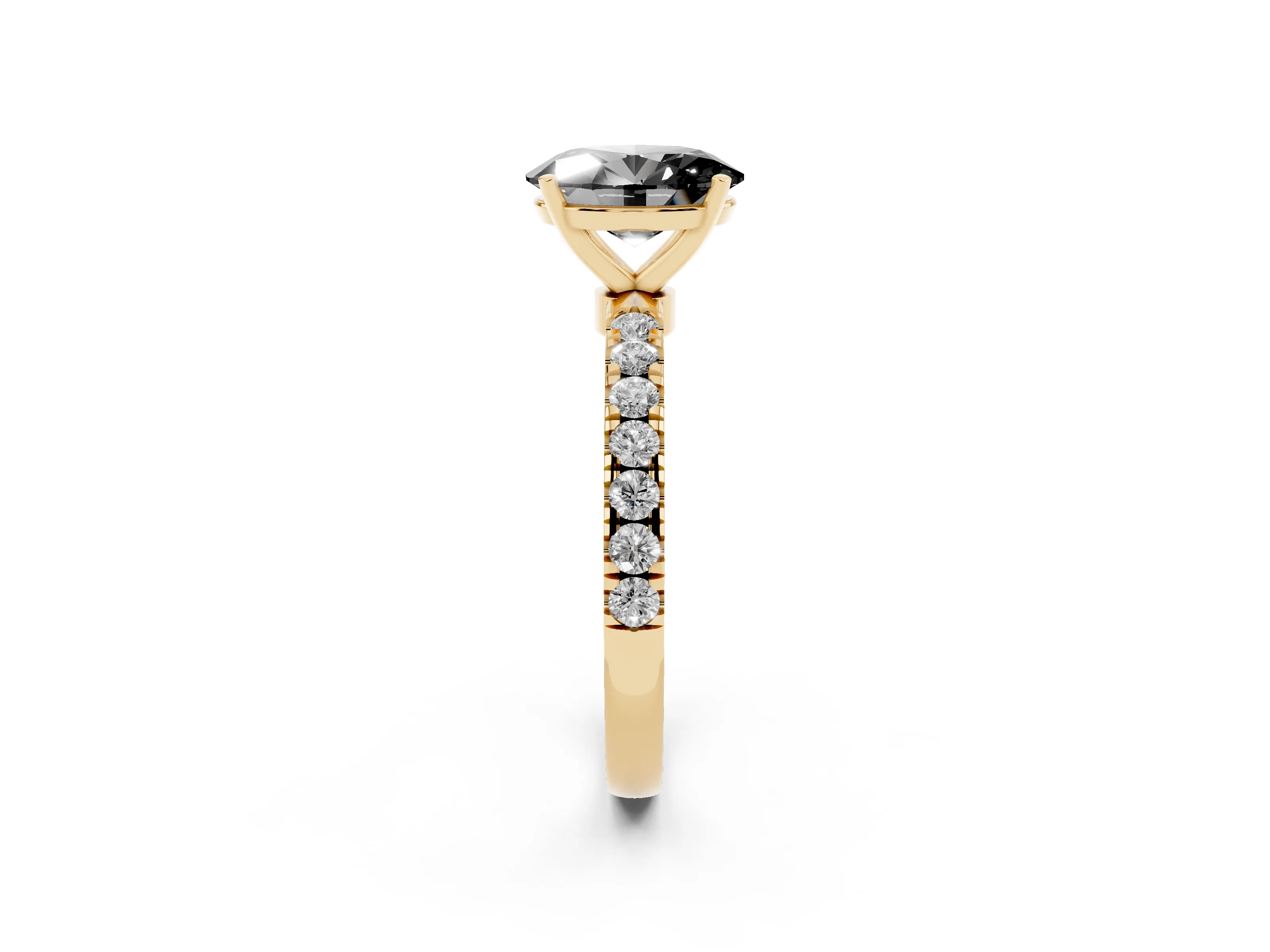 Fancy Black Oval Cut Diamond Solitaire Ring Set in Yellow gold with Pavé Accents and Prong Setting