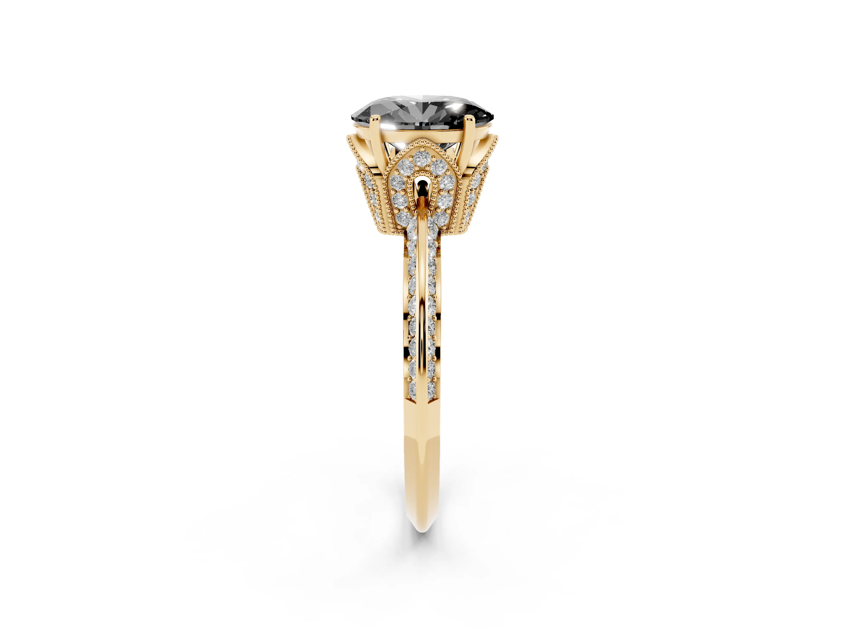 Fancy Black Oval Cut Diamond Solitaire Engagement Ring Set in Yellow gold with Pavé Split Shank and Prong Setting