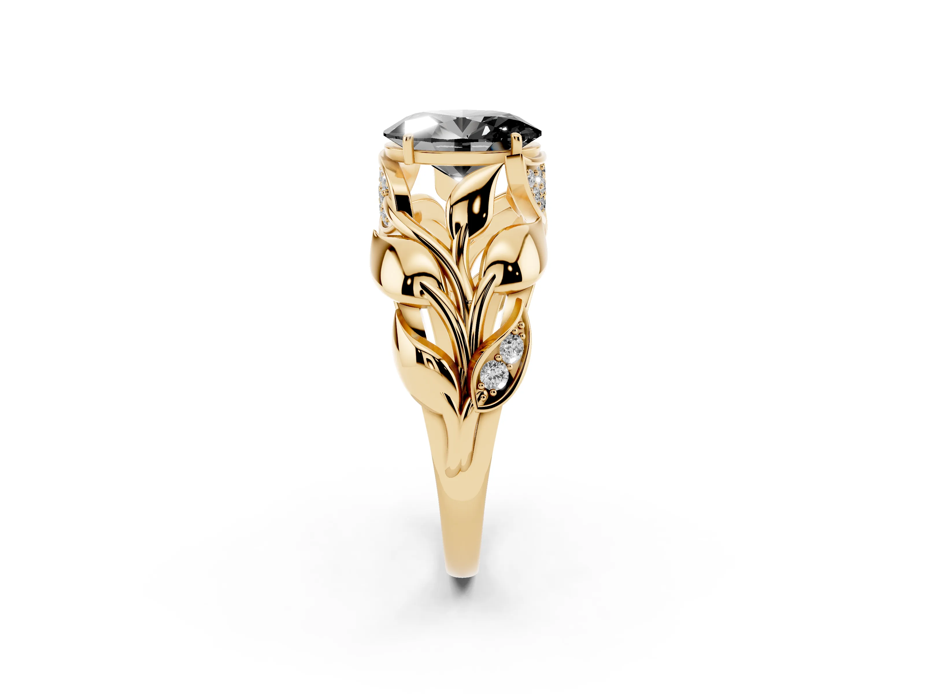 Fancy Black Oval Cut Diamond Leaf-Inspired Engagement Ring Set in Yellow gold with Round Accents