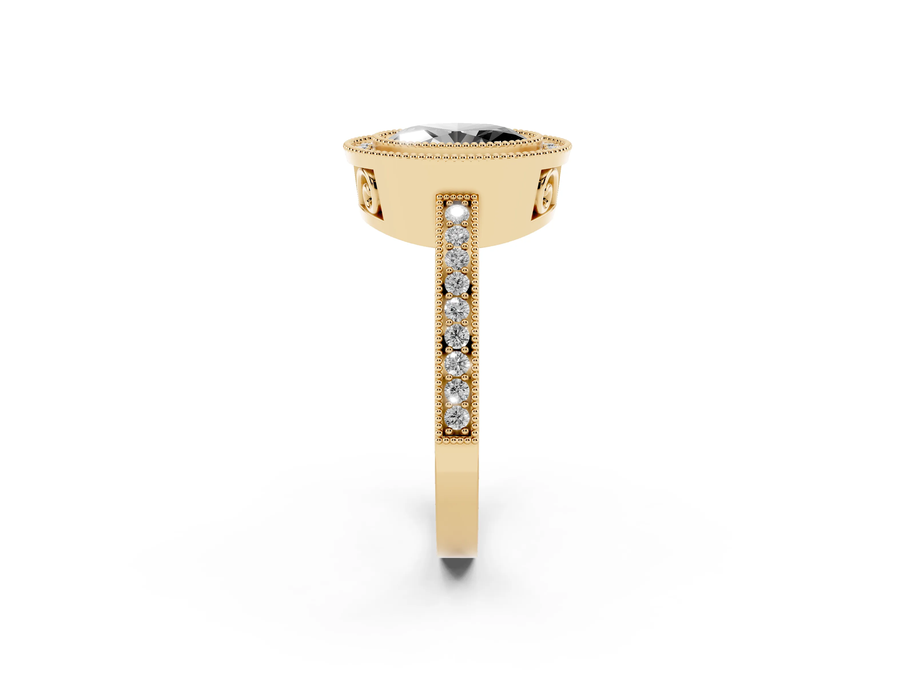 Fancy Black Oval Cut Diamond Round Halo Ring Set in Yellow gold with Pavé Band