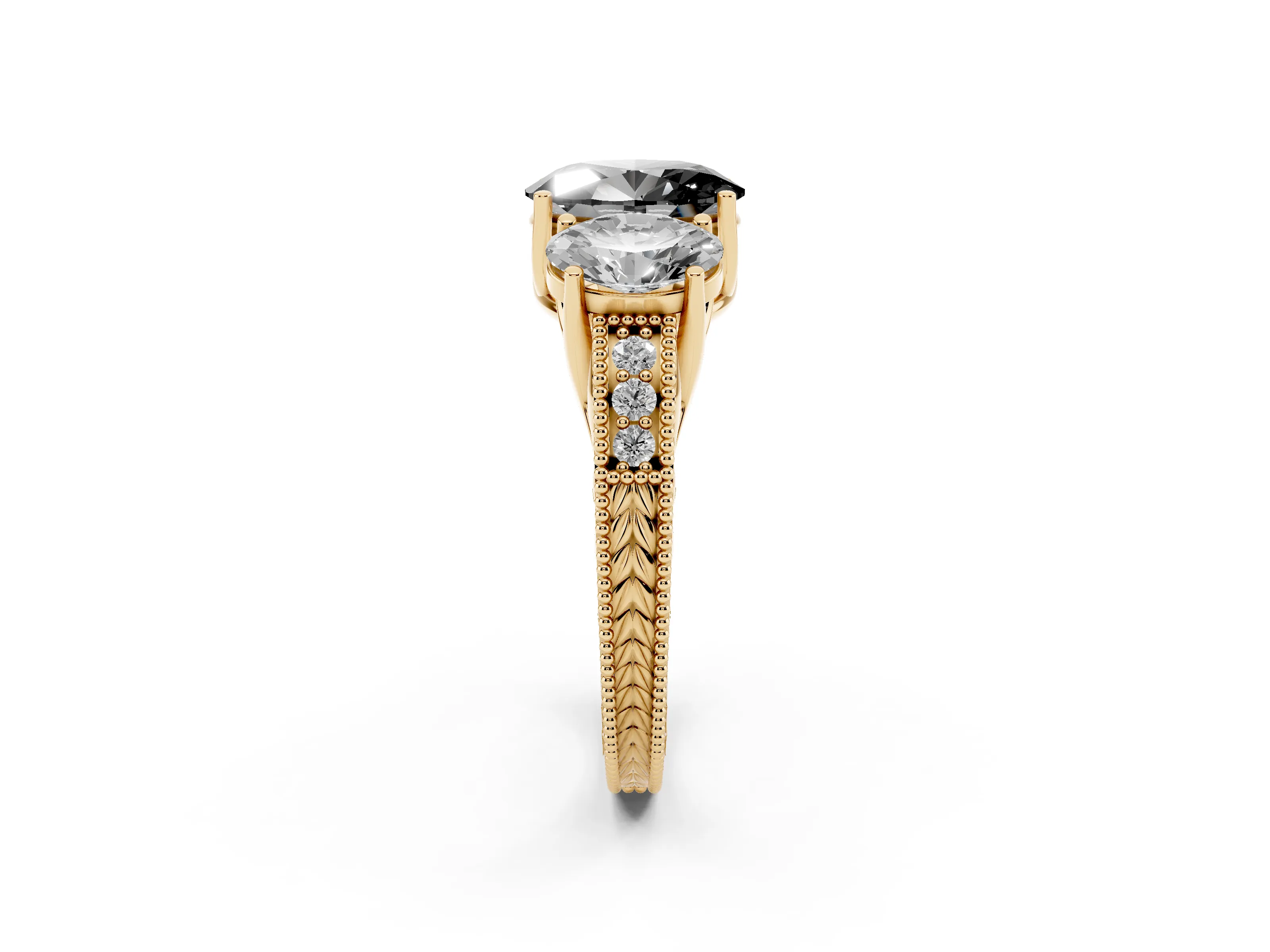 Fancy Black Oval Cut Diamond Three-Stone Engagement Ring Set in Yellow gold with Milgrain Pavé Band