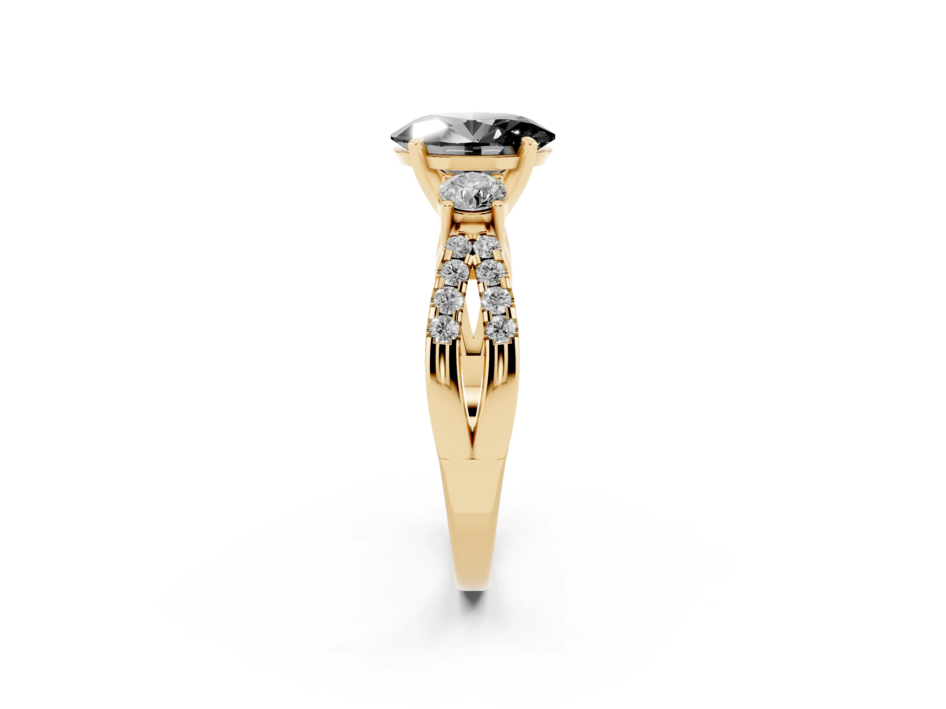 Fancy Black Oval Cut Diamond Three-Stone Ring Set in Yellow gold with Pavé Split Shank and Prong Setting