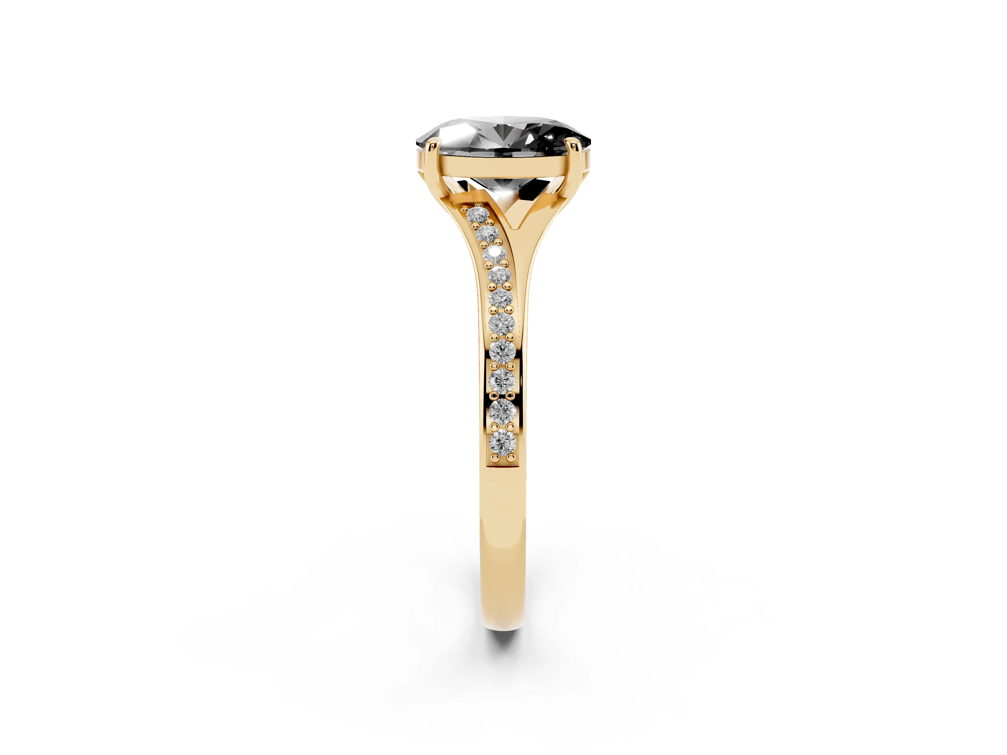 Fancy Black Oval Cut Diamond Solitaire Ring Set in Yellow gold with Pavé Accent Band and Classic Prong Setting
