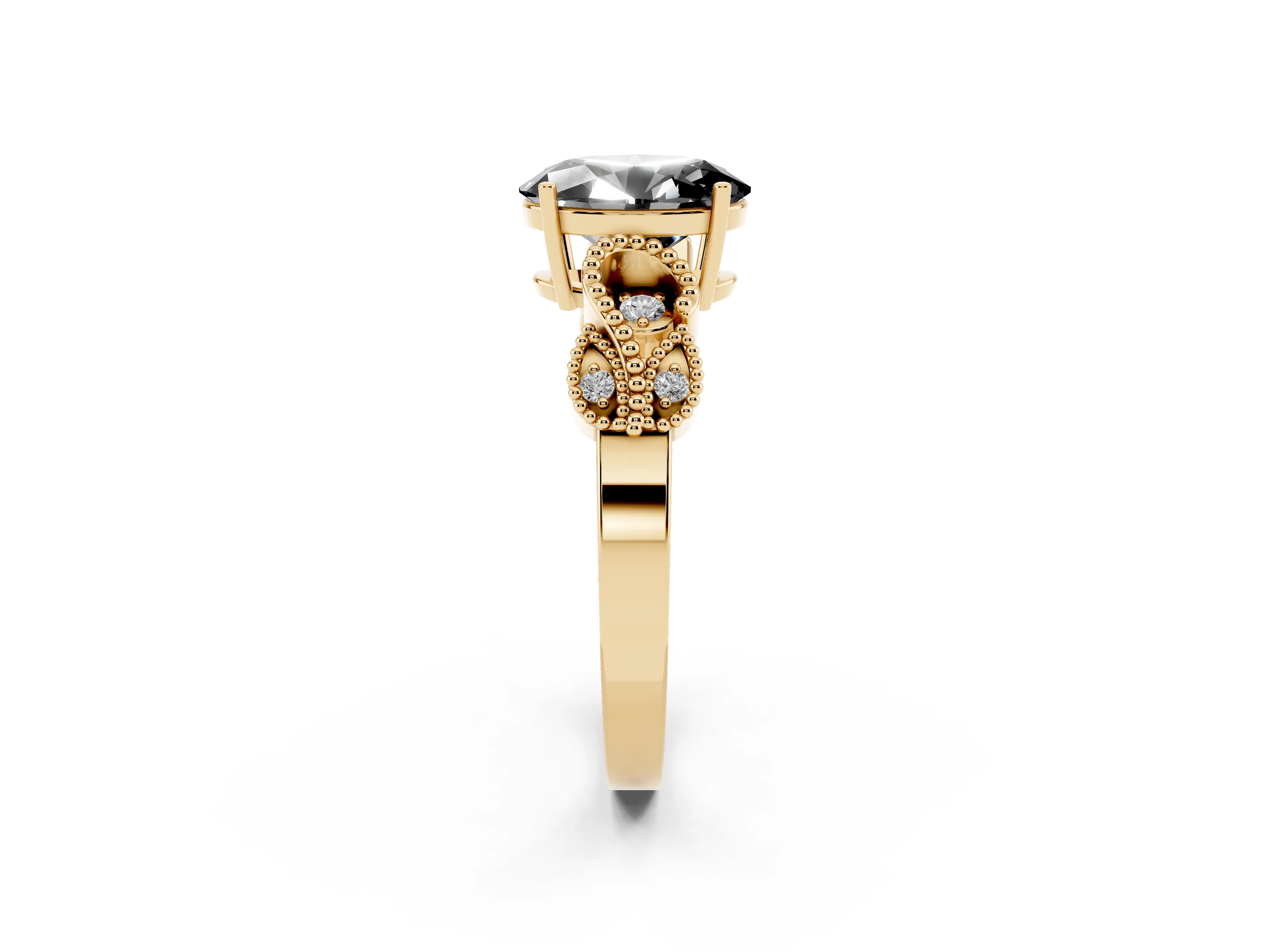 Fancy Black Oval Cut Diamond Milgrain Leaf Band Solitaire Ring Set in Yellow gold with Accent Stones and Prong Setting