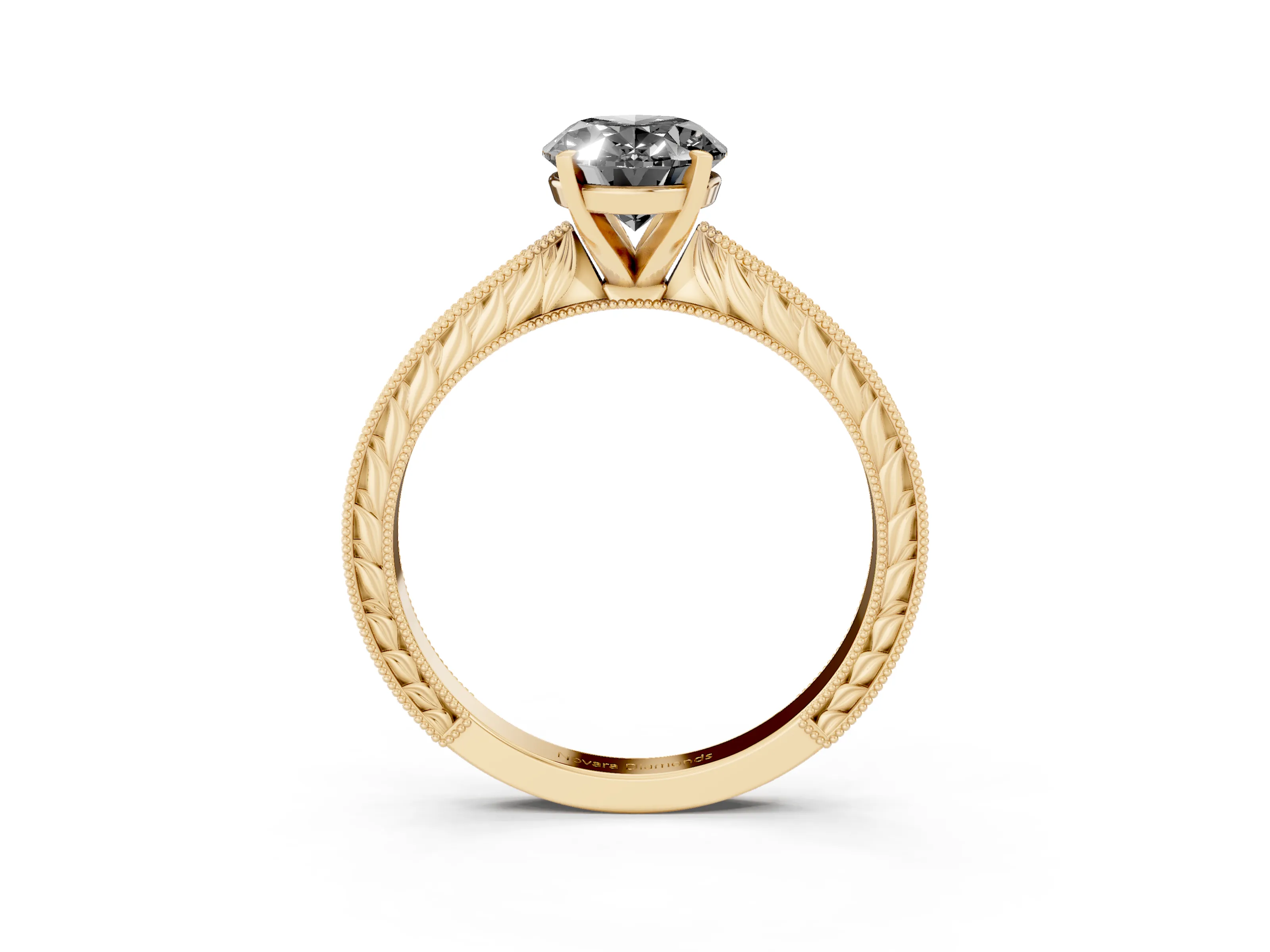 Fancy Black Oval Cut Diamond Solitaire Milgrain Engraved Band Set in Yellow gold with Prong Setting