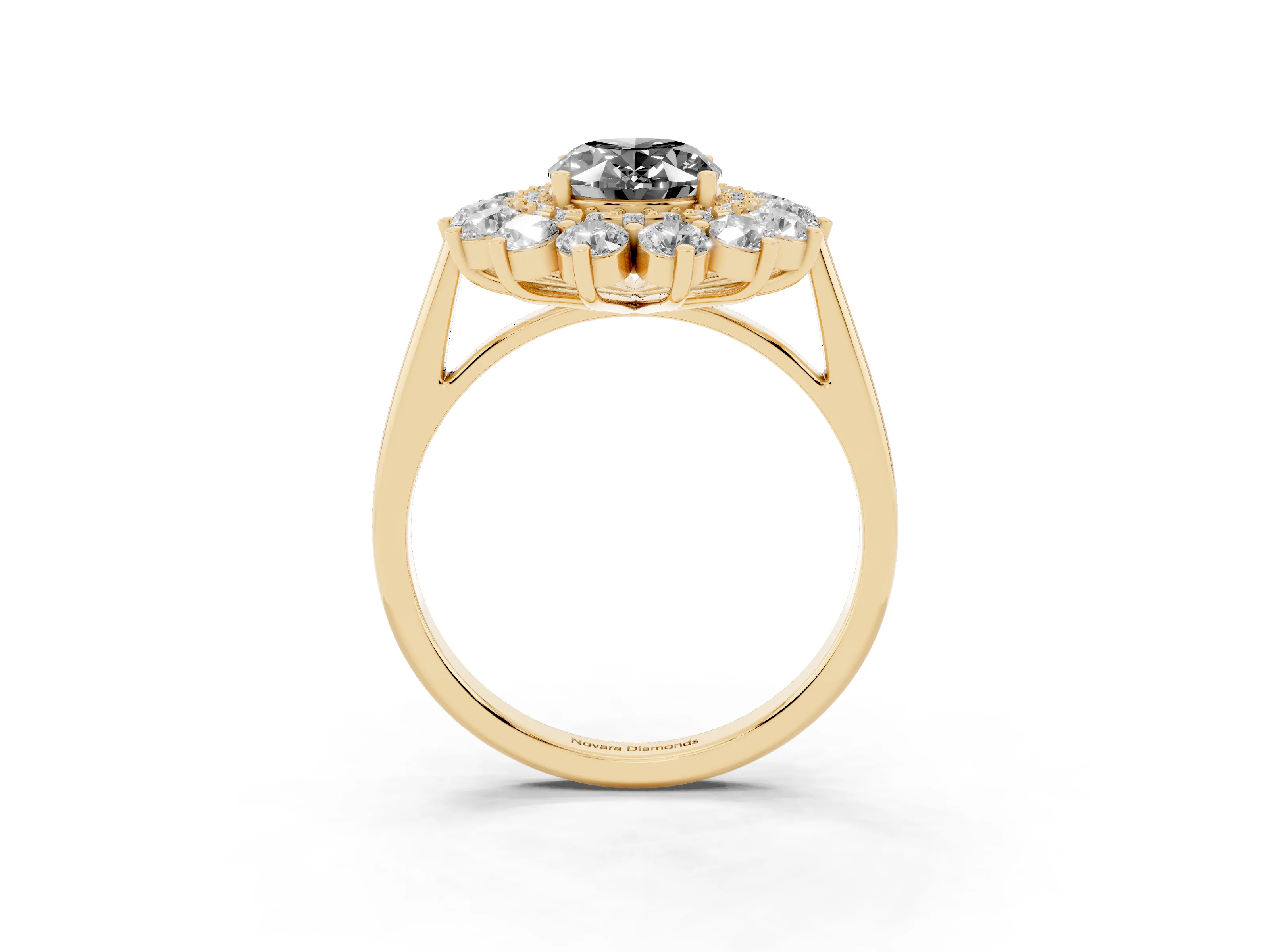 Fancy Black Oval Cut Diamond Floral Double Halo Ring Set in Yellow gold with Round Petals