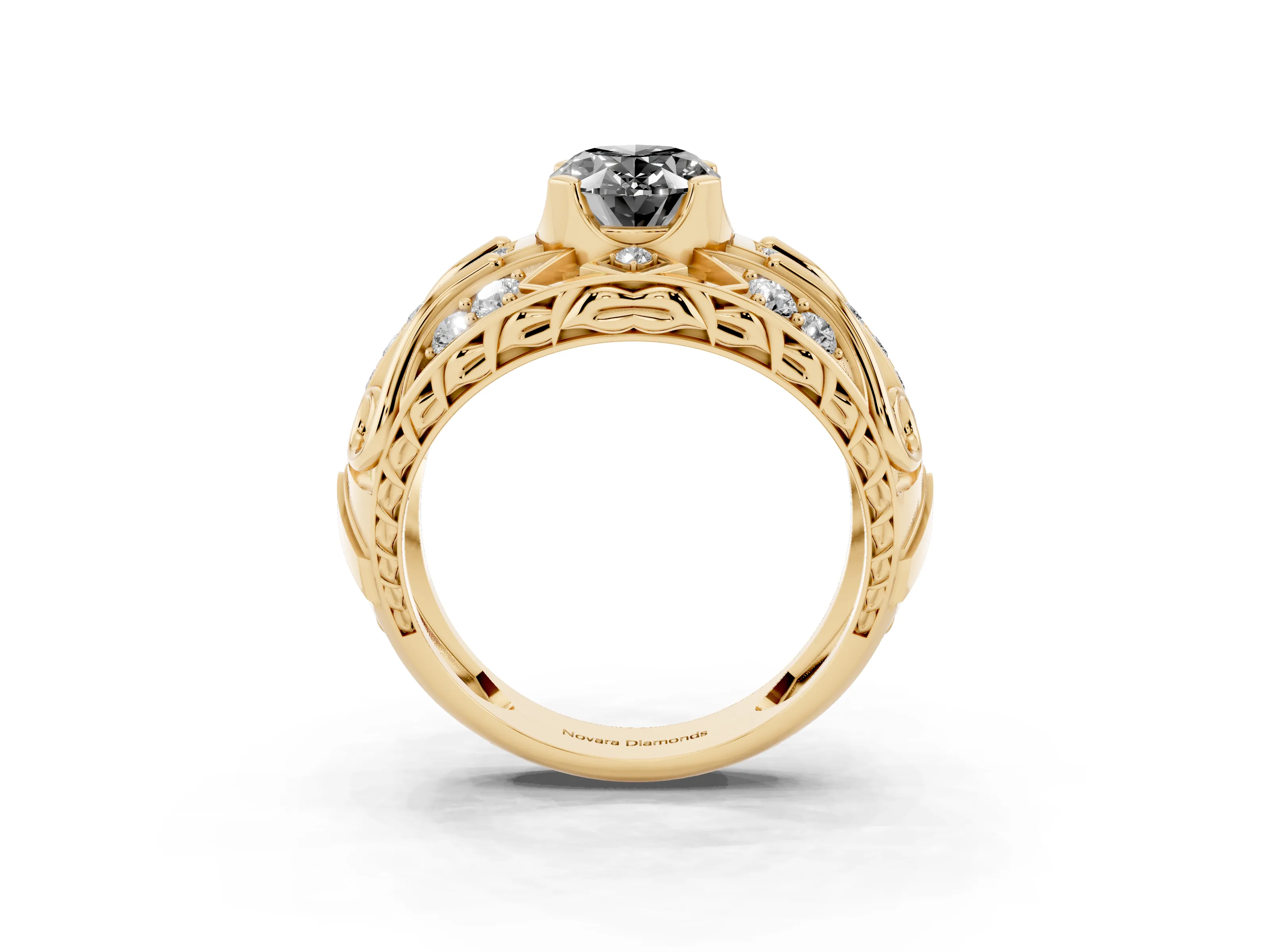 Fancy Black Oval Cut Diamond Art Deco Ring Set in Yellow gold with Pavé Split Shank