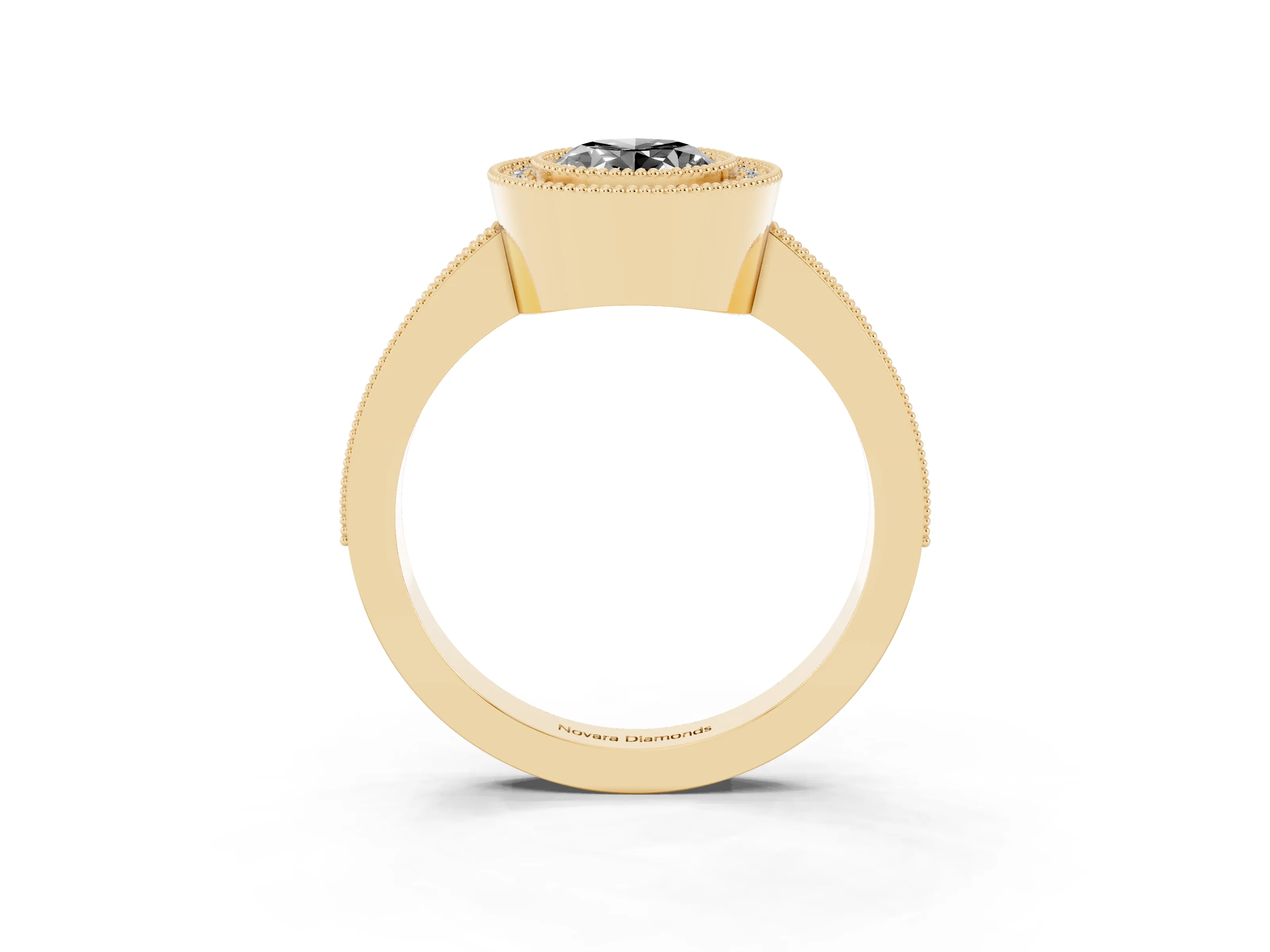 Fancy Black Oval Cut Diamond Halo Engagement Ring Set in Yellow gold with Pavé Band and Round Halo Stones