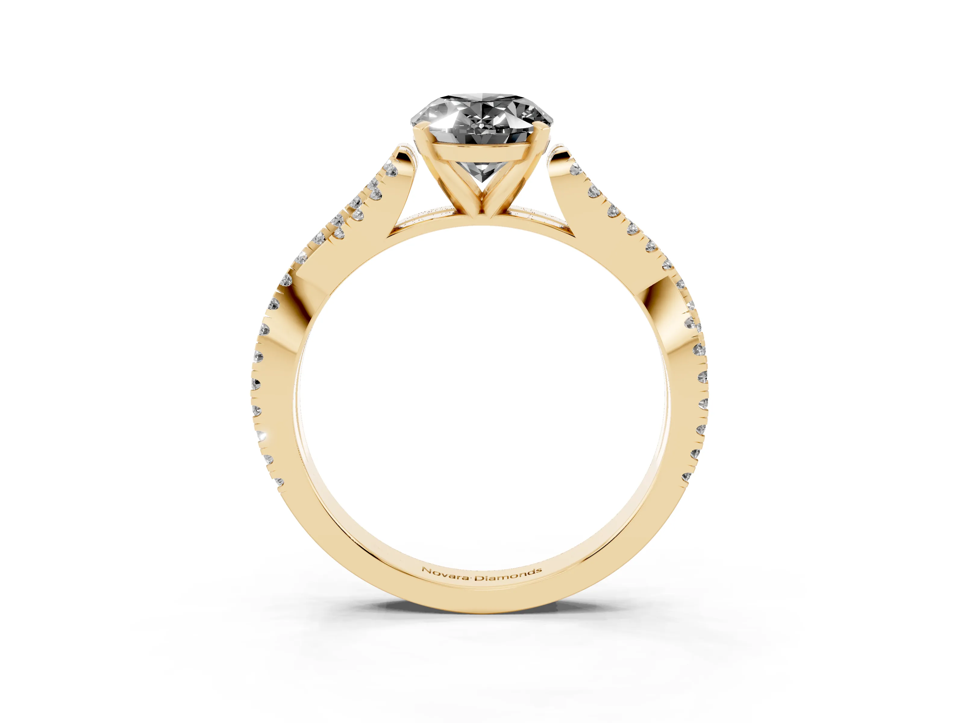 Fancy Black Oval Cut Diamond Solitaire Engagement Ring Set in Yellow gold with Twisted Pavé Band and Prong Setting