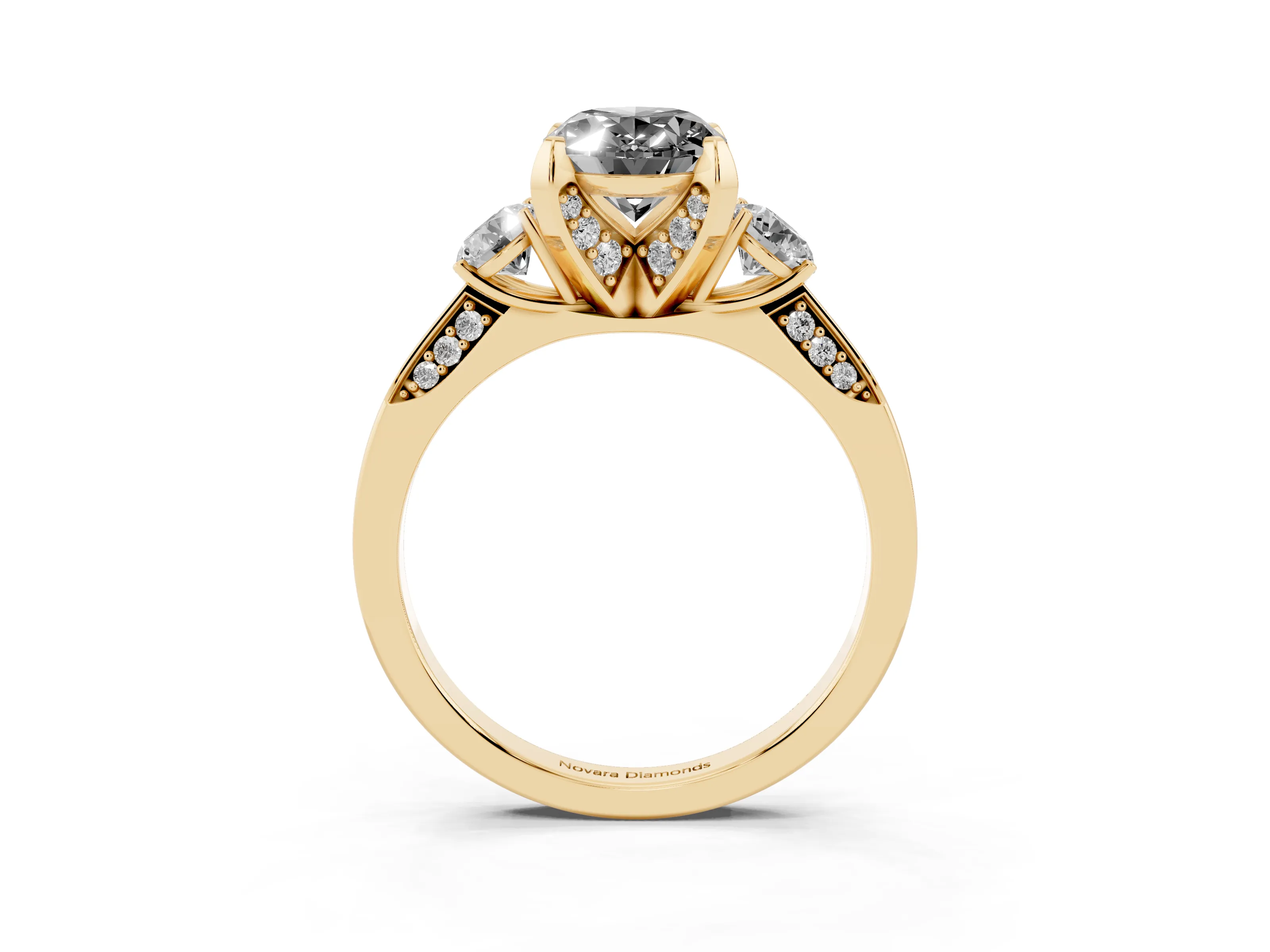 Fancy Black Oval Cut Diamond Three-Stone Ring Set in Yellow gold with Pavé Band and Smaller Side Stones
