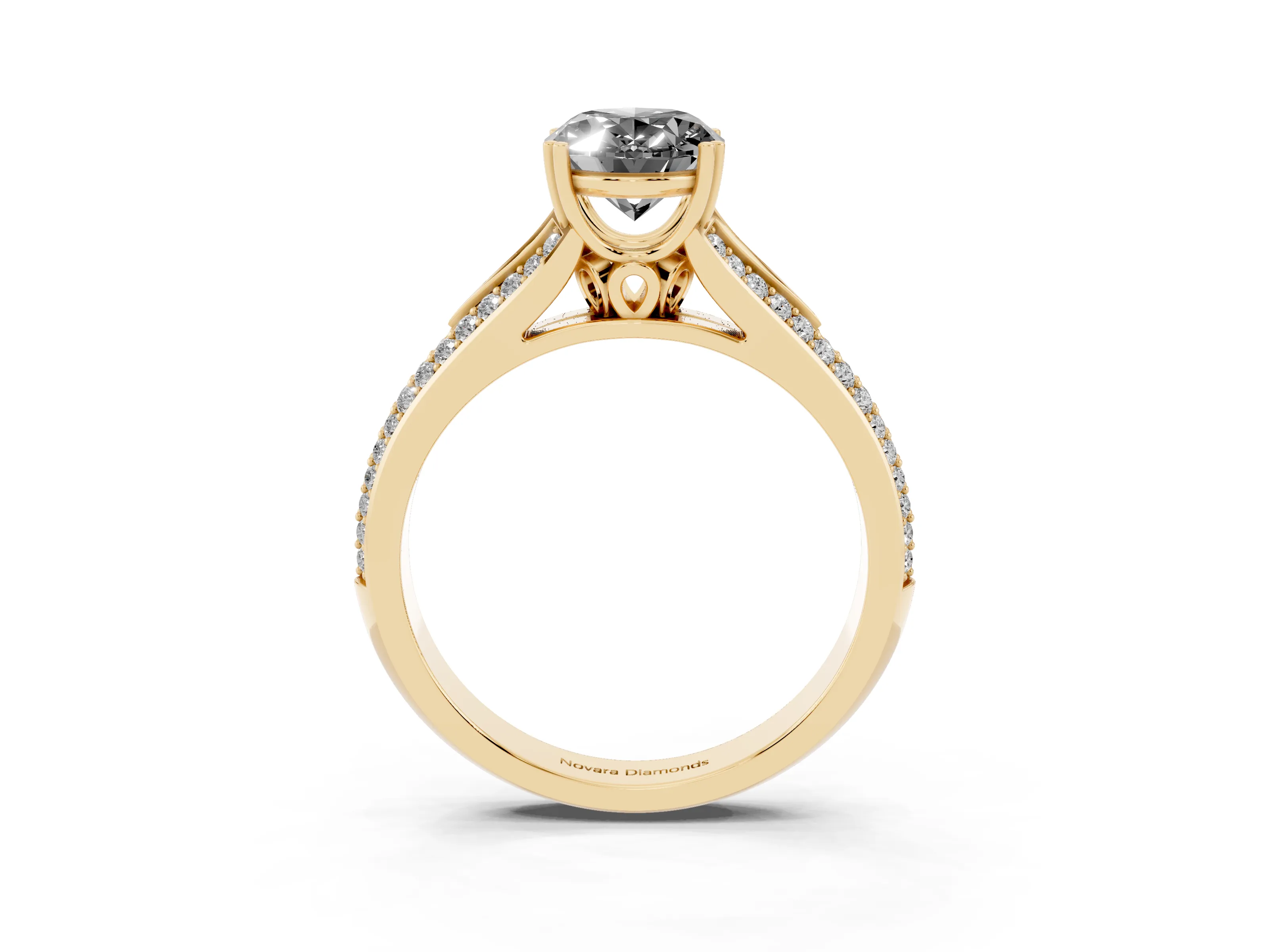 Fancy Black Oval Cut Diamond Split Shank Pavé Engagement Ring Set in Yellow gold with Prong-Set Center Stone