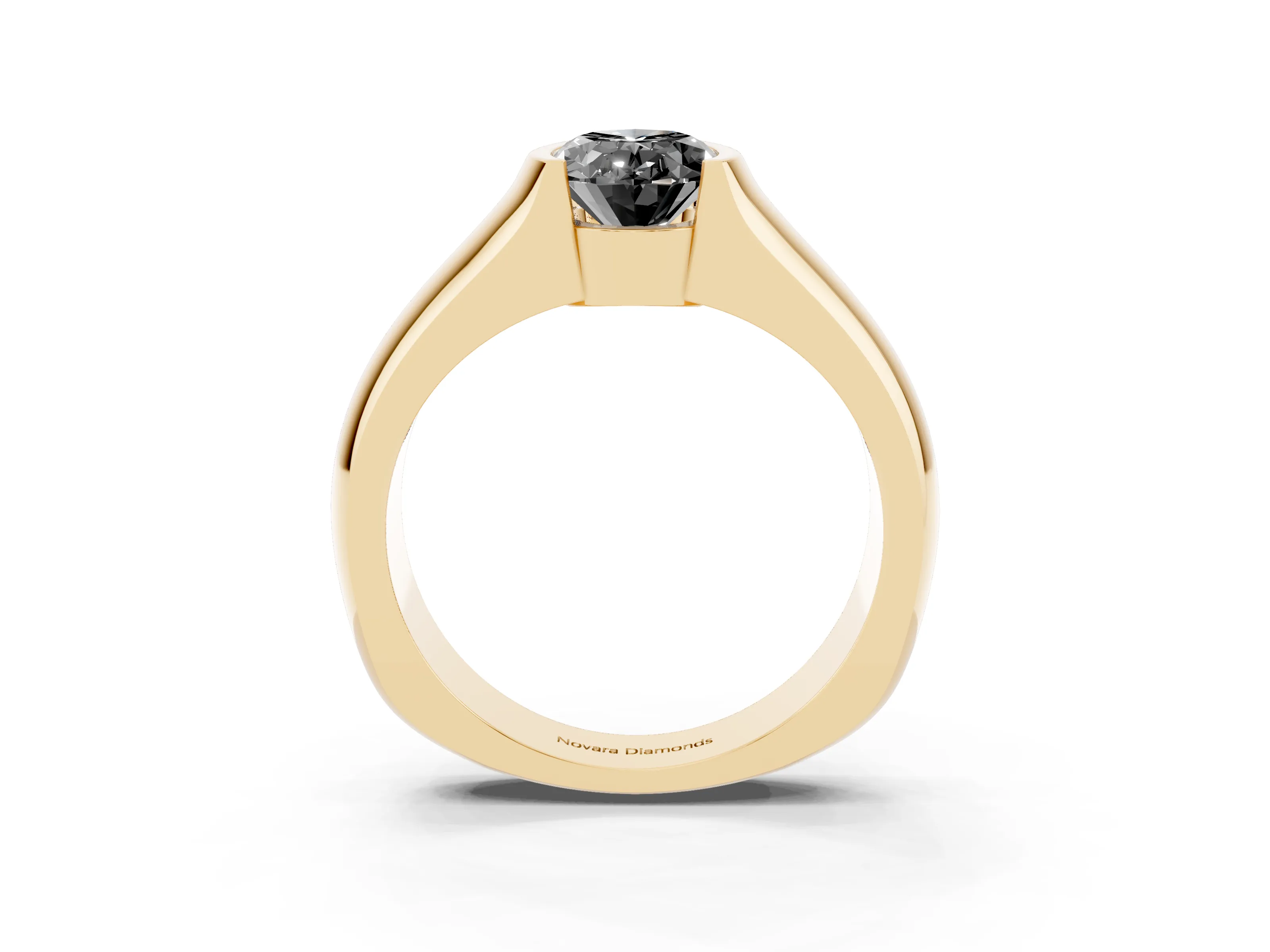 Fancy Black Oval Cut Diamond Bezel Solitaire Ring Set in Yellow gold with Wide Band