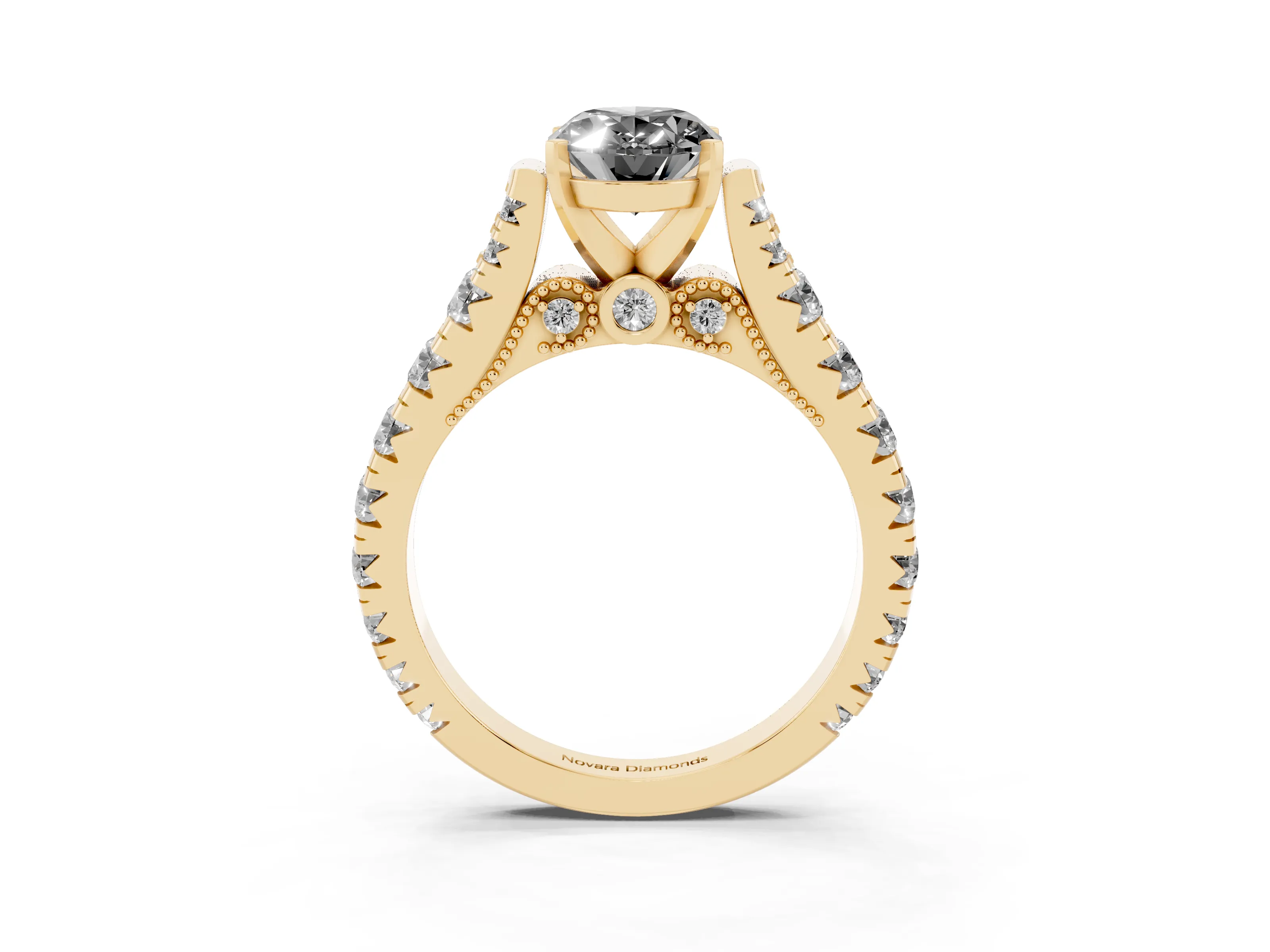 Fancy Black Oval Cut Diamond Classic Solitaire Ring Set in Yellow gold with Pavé Band and Prong Setting