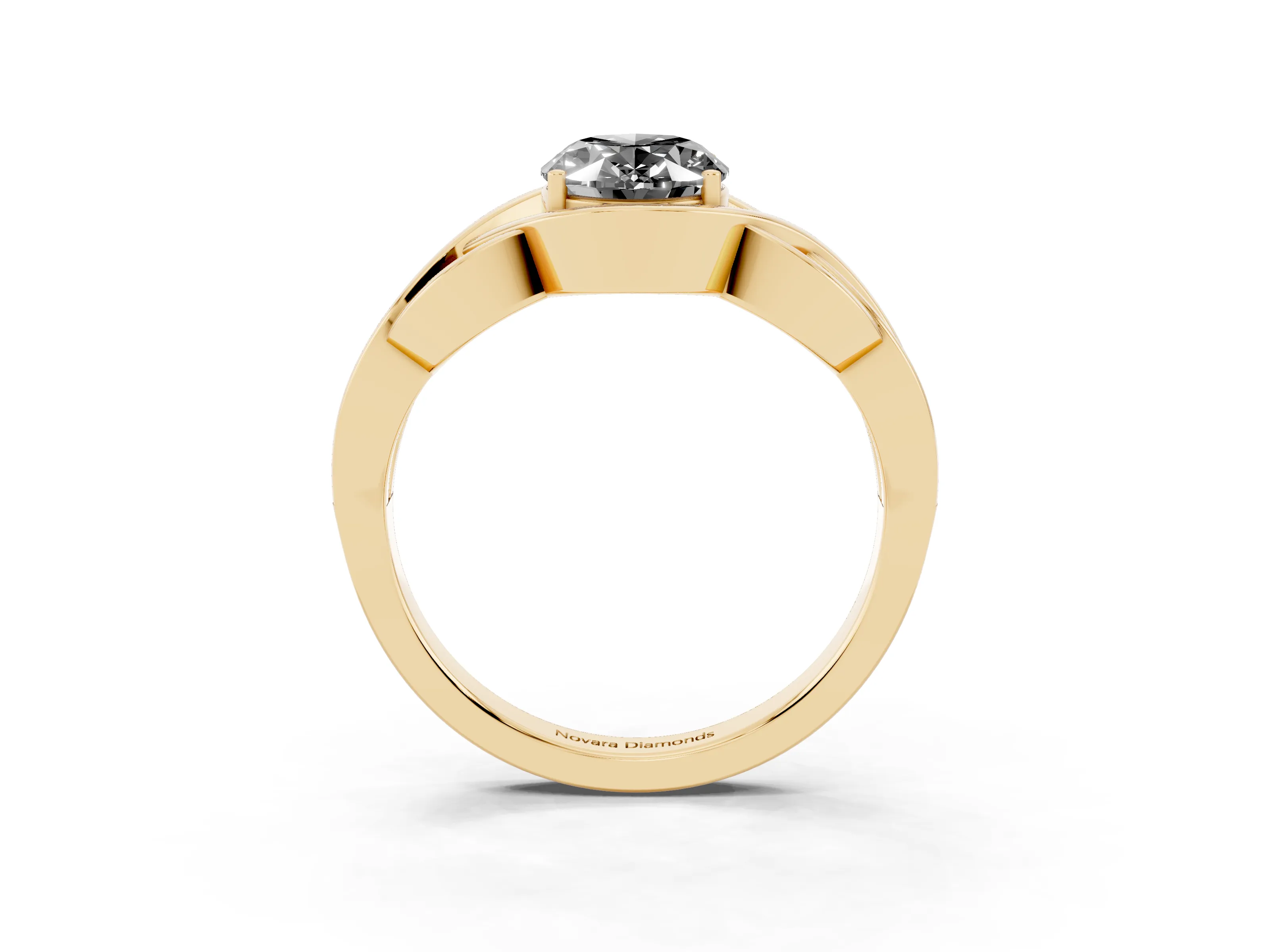 Fancy Black Oval Cut Diamond Solitaire Ring Set in Yellow gold with Intertwined Band