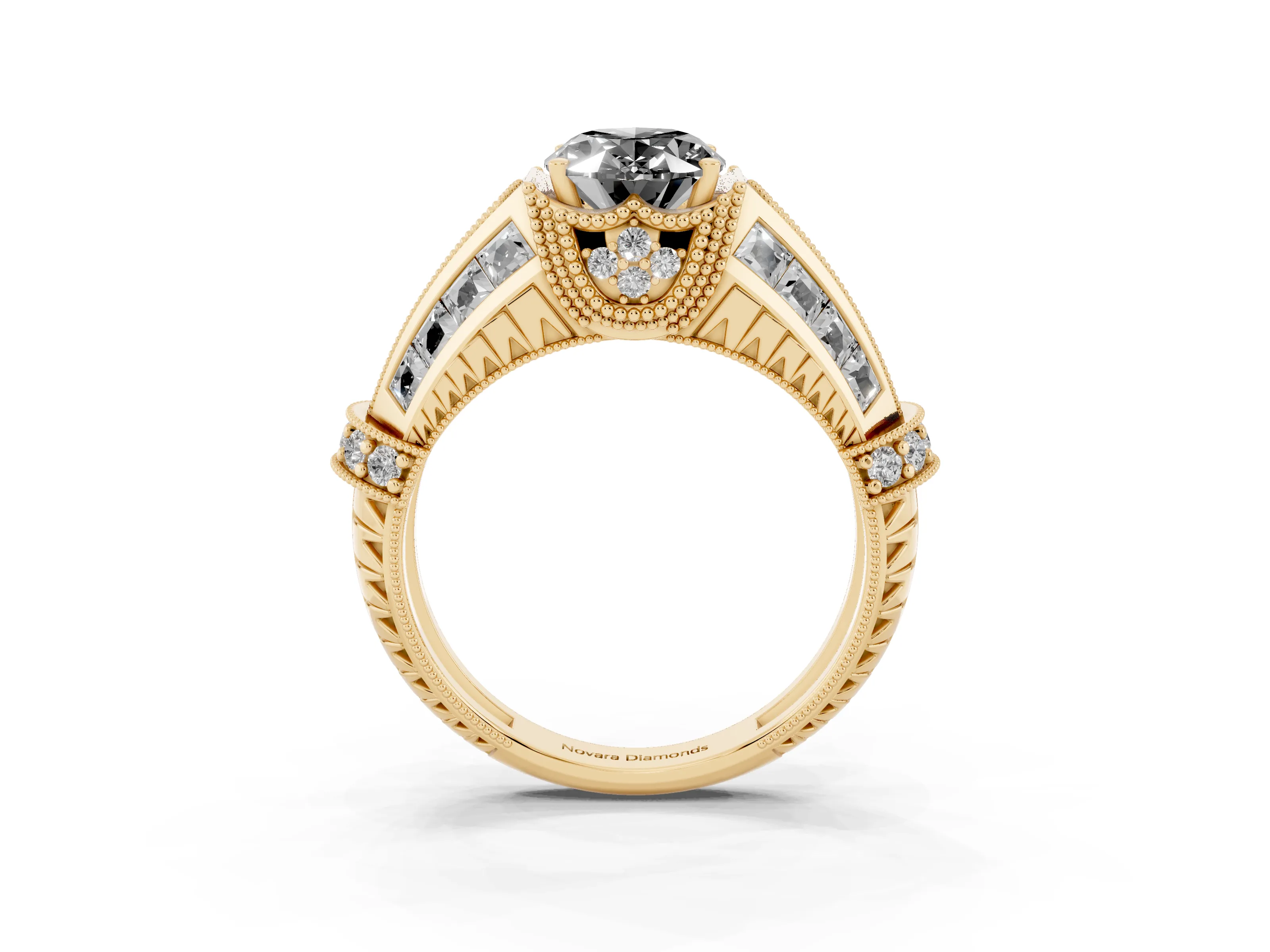 Fancy Black Oval Cut Diamond Vintage-Inspired Milgrain Ring Set in Yellow gold with Accent Split Shank