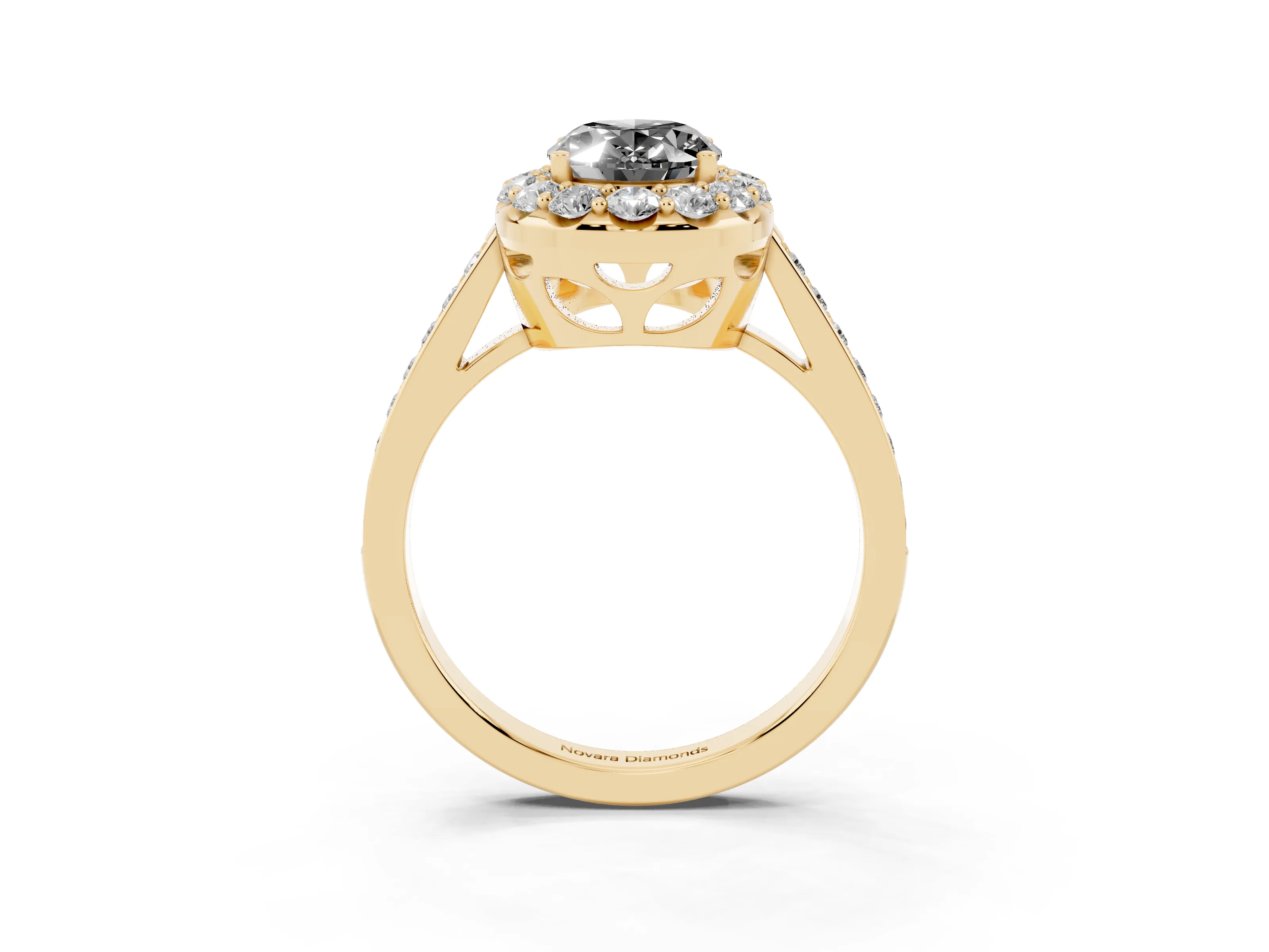 Fancy Black Oval Cut Diamond Floral Halo Ring Set in Yellow gold with Pavé Band and Prong Setting