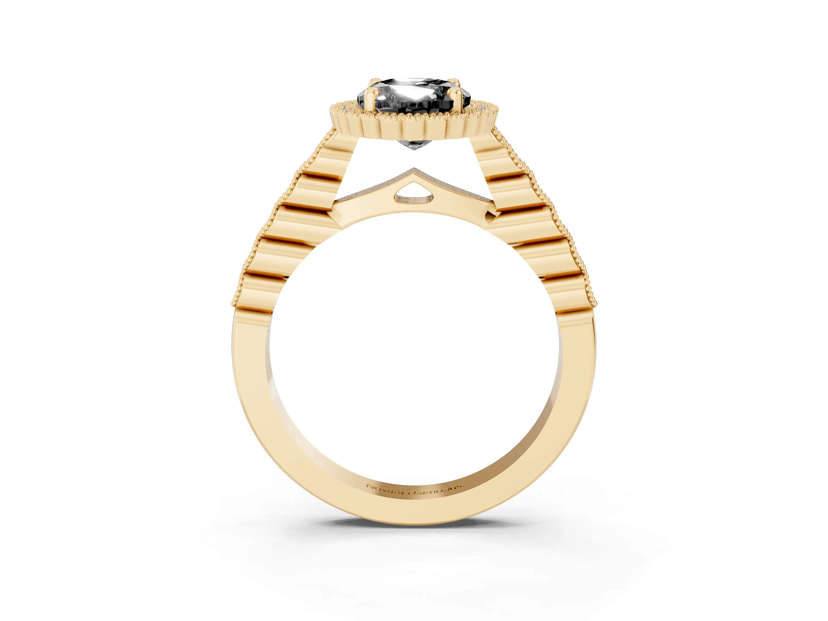 Fancy Black Oval Cut Diamond Halo Ring Set in Yellow gold with Pavé Milgrain Band