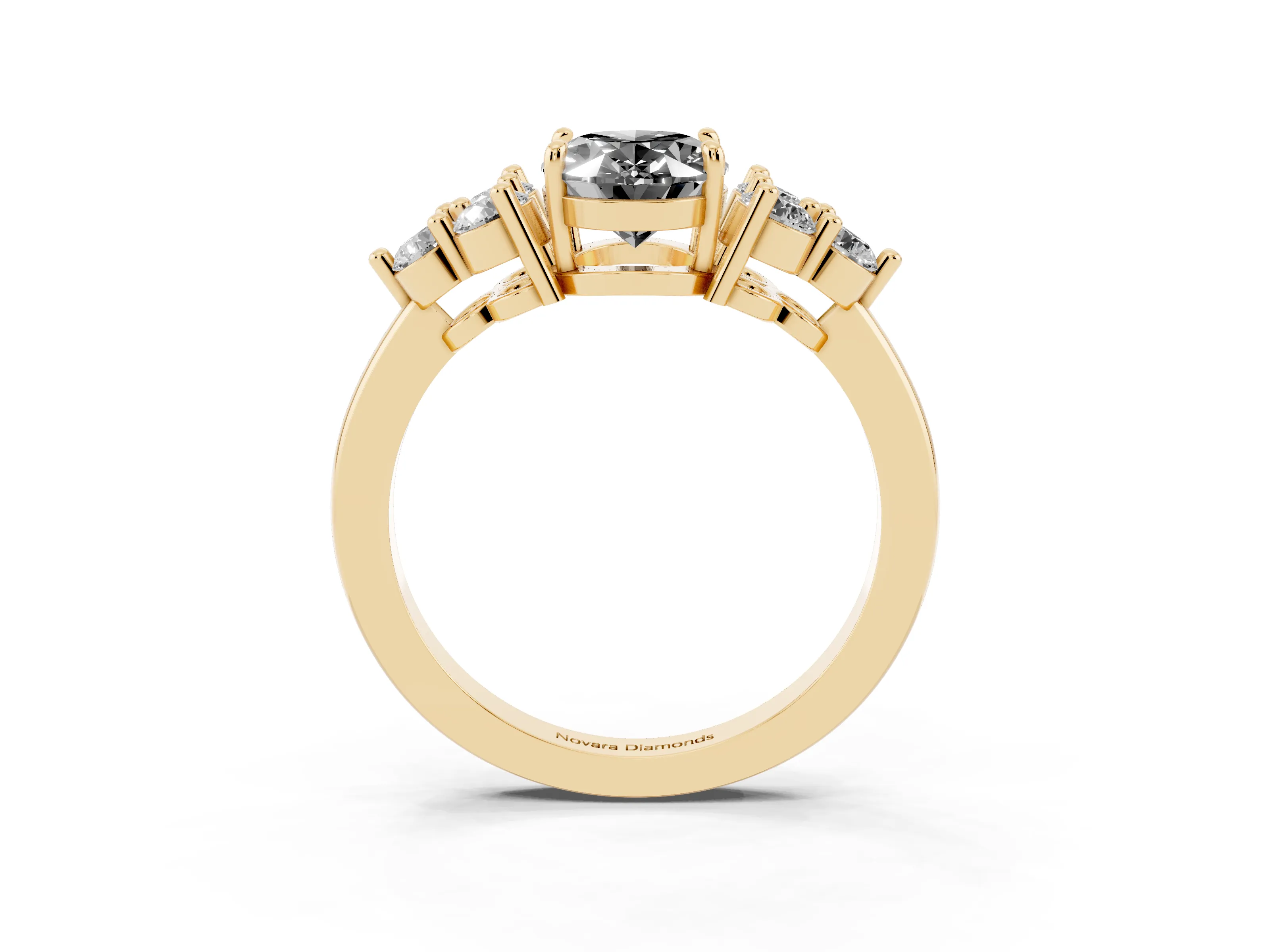 Fancy Black Oval Cut Diamond Solitaire Ring Set in Yellow gold with Cluster Accents on Each Side