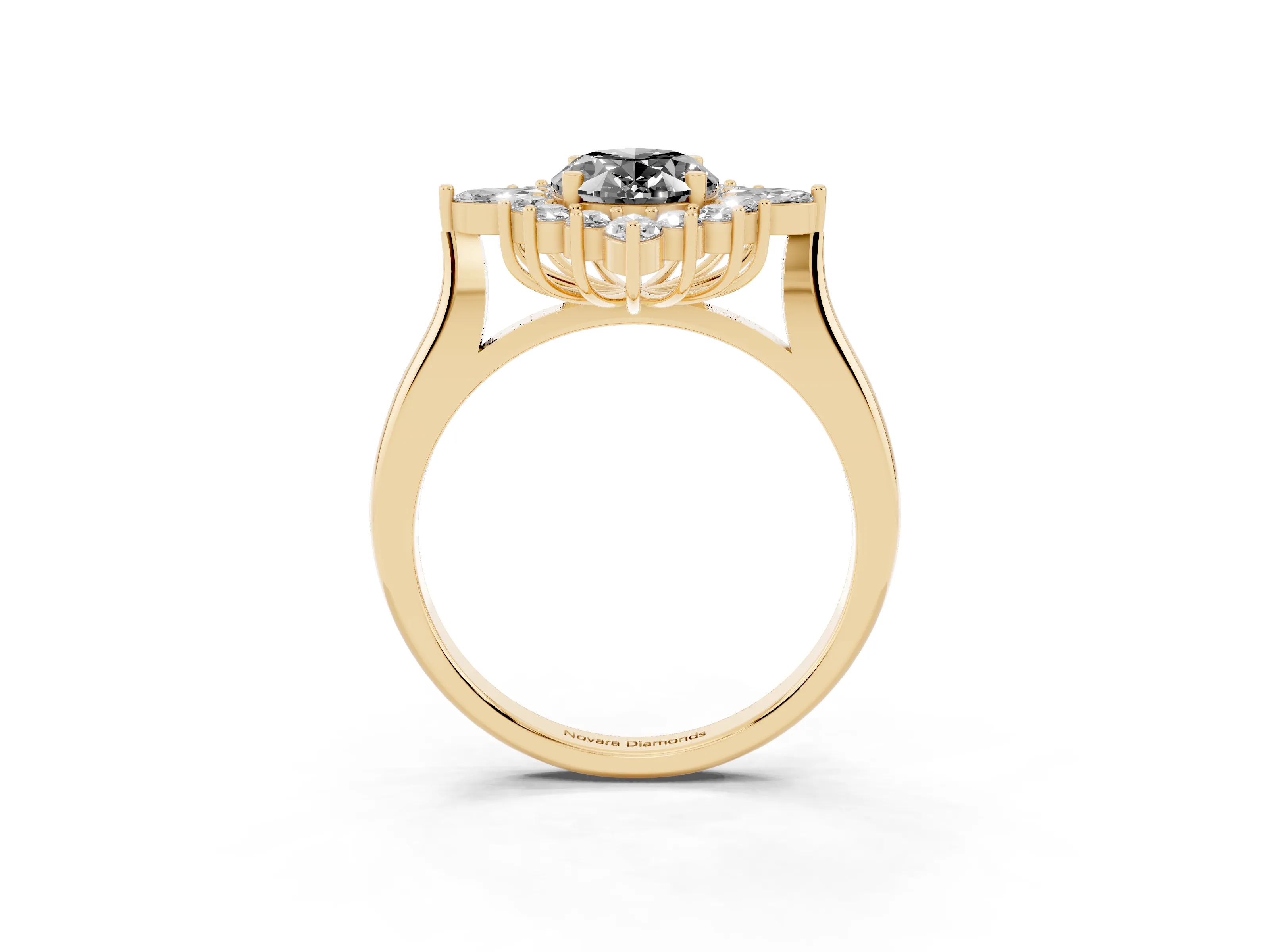 Fancy Black Oval Cut Diamond Cluster Halo Ring Set in Yellow gold with Marquise and Round Accents