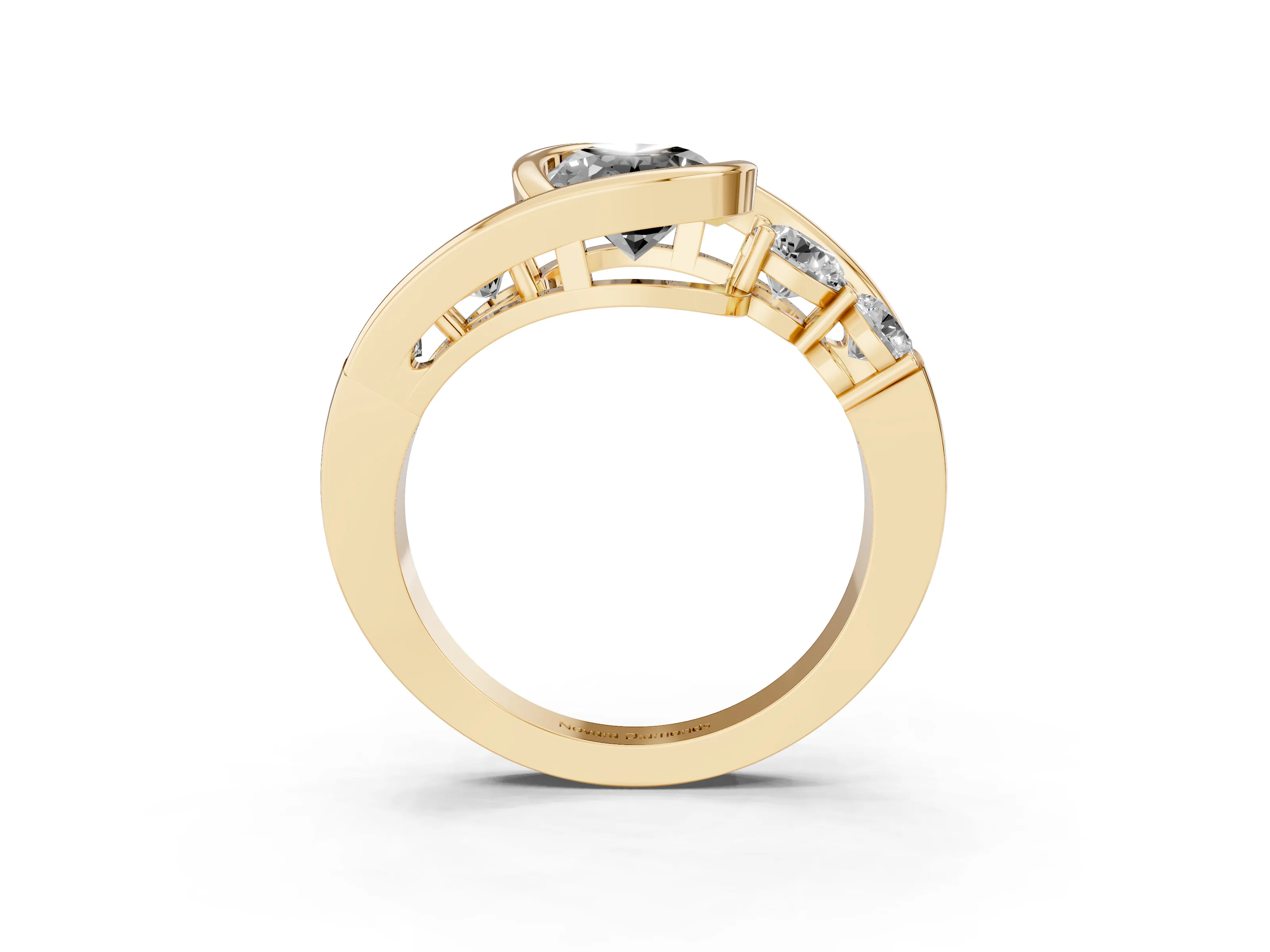 Fancy Black Oval Cut Diamond Bezel Bypass Ring Set in Yellow gold with Round Accents