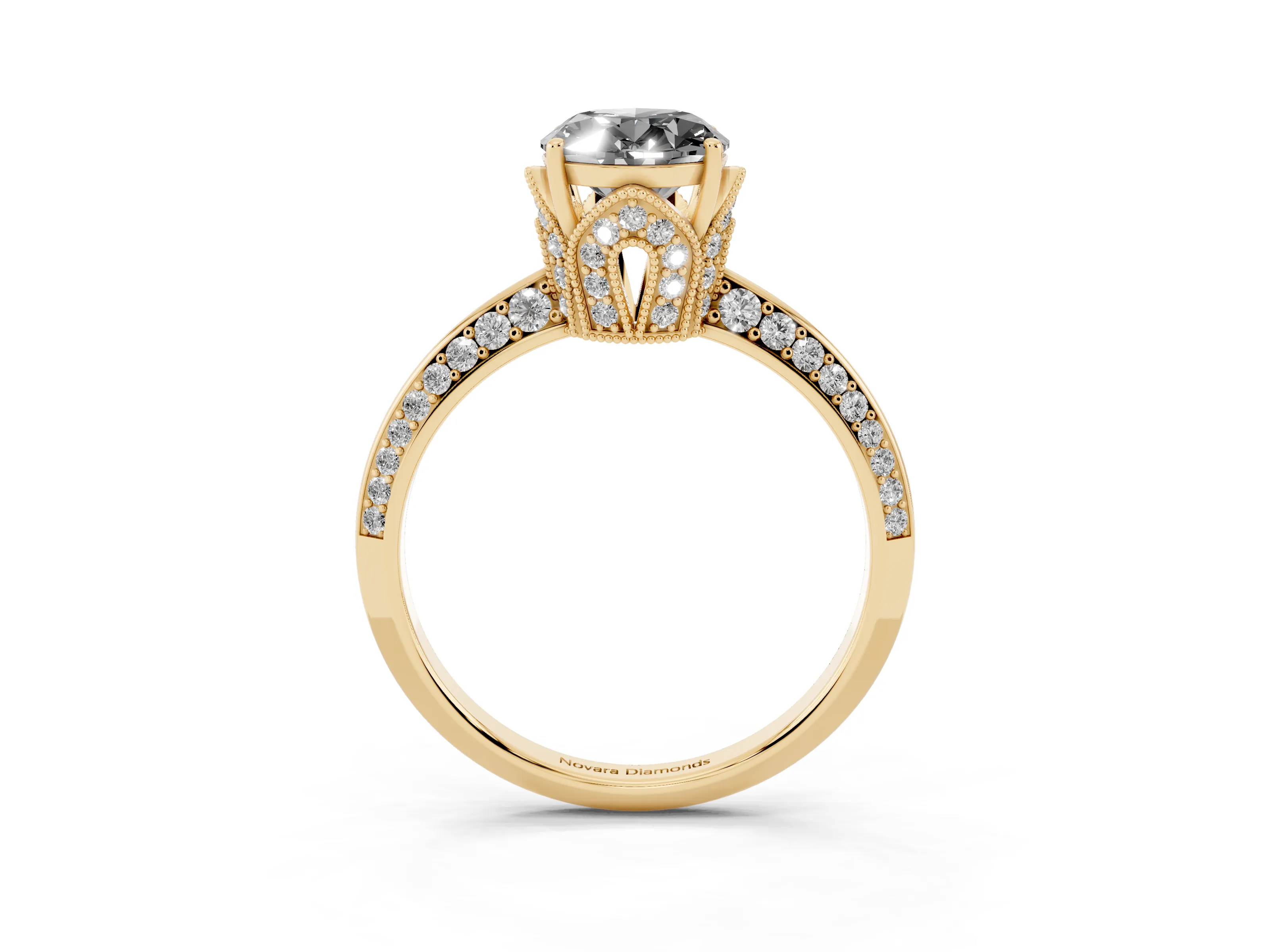 Fancy Black Oval Cut Diamond Solitaire Engagement Ring Set in Yellow gold with Pavé Split Shank and Prong Setting