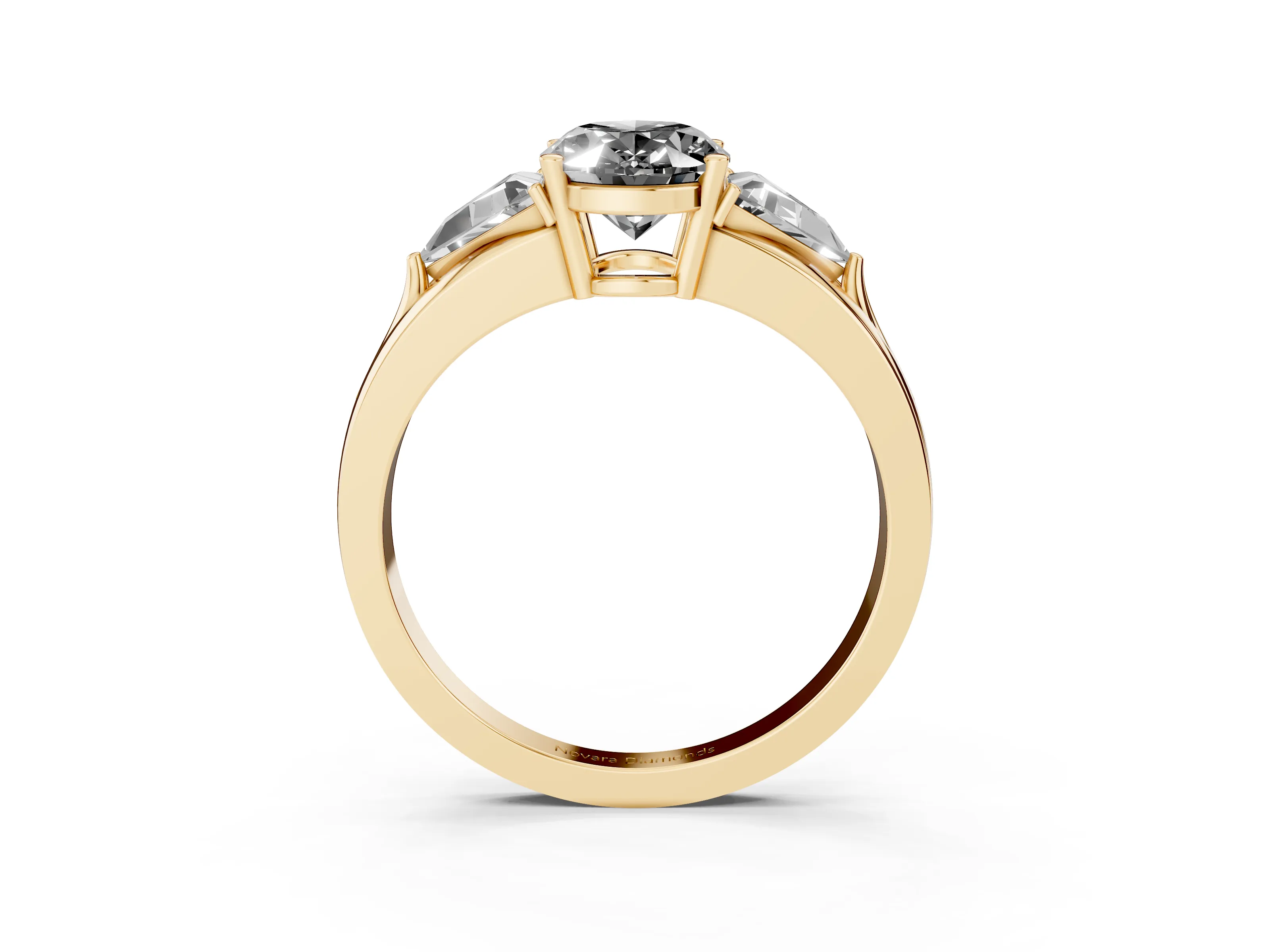 Fancy Black Oval Cut Diamond Three-Stone Ring Set in Yellow gold with Trillion Side Stones and Split Shank