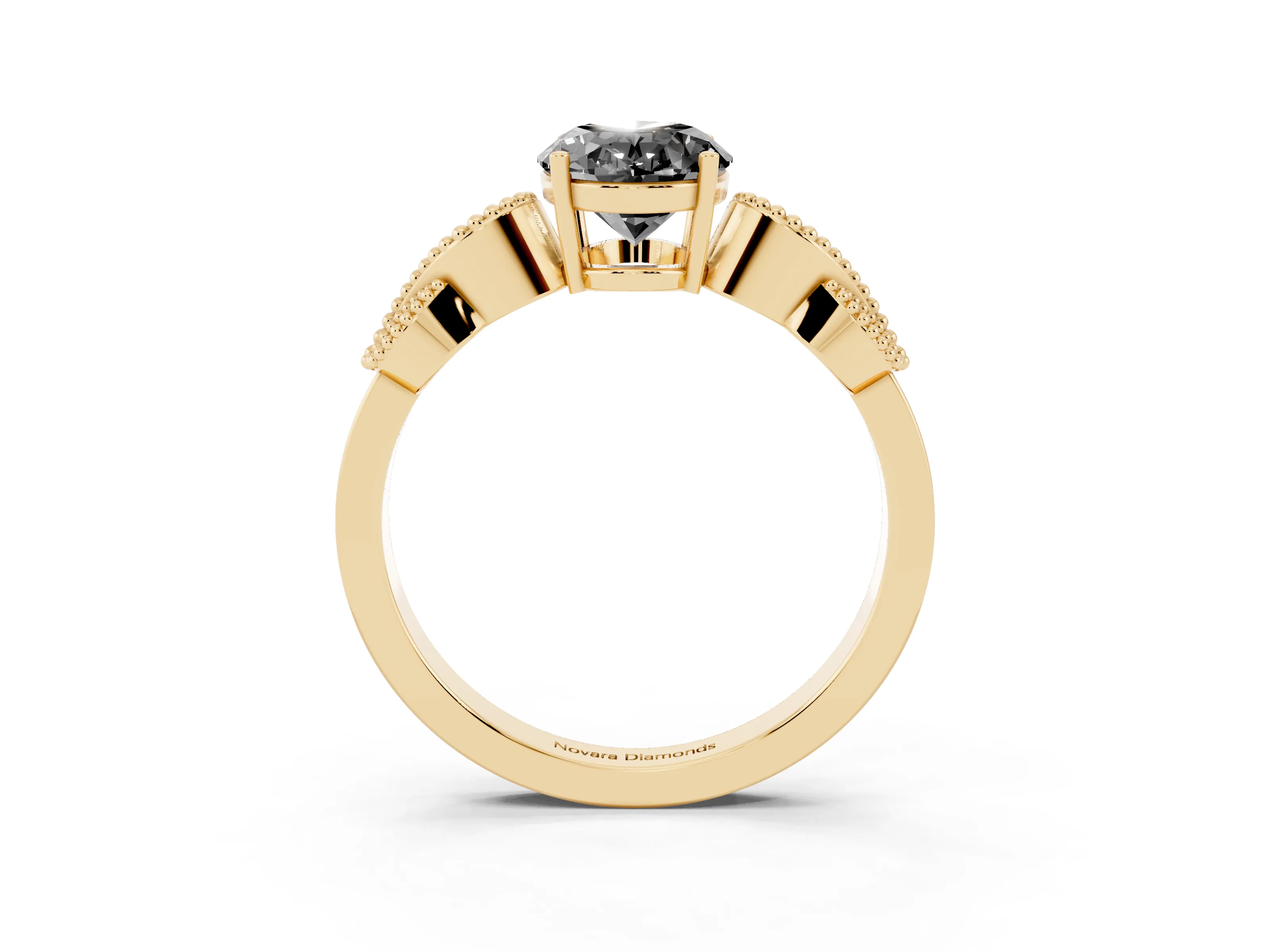 Fancy Black Oval Cut Diamond Milgrain Leaf Band Solitaire Ring Set in Yellow gold with Accent Stones and Prong Setting