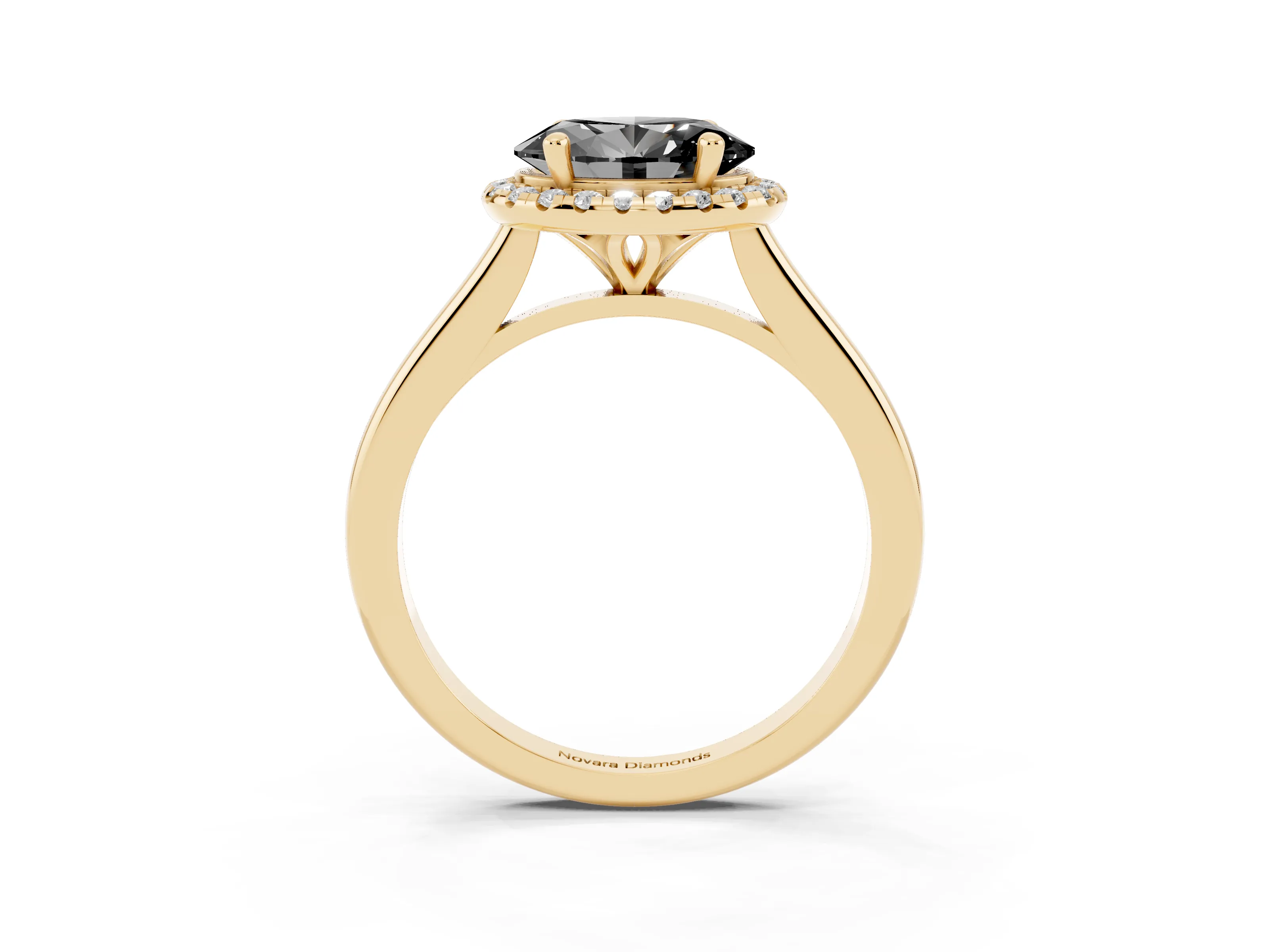 Fancy Black Oval Cut Diamond Halo Engagement Ring Set in Yellow gold with Pavé Band and Rising Shoulders