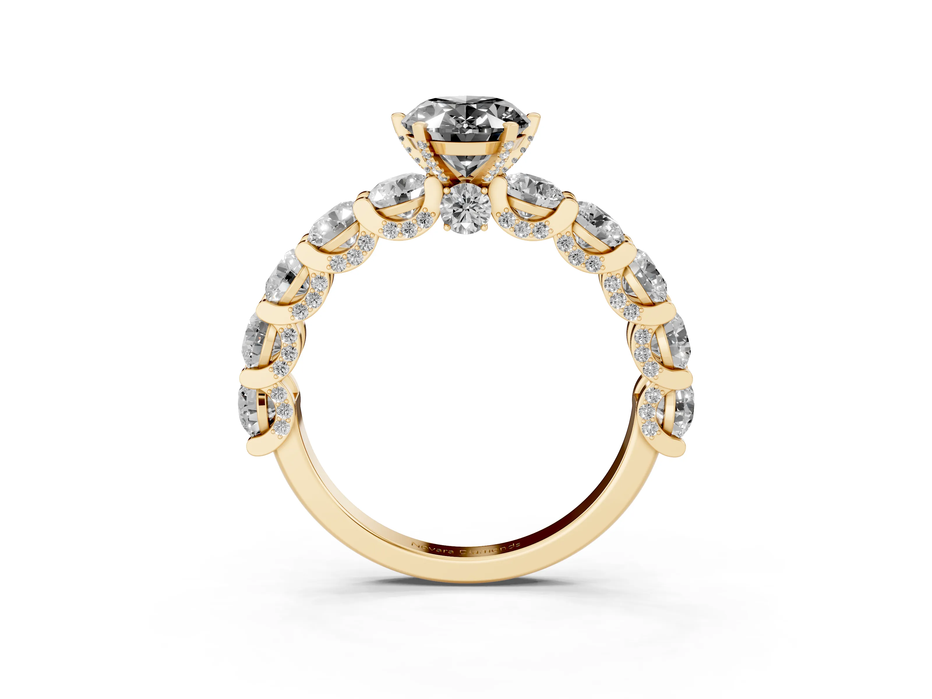Fancy Black Oval Cut Diamond Side Stone Ring Set in Yellow gold with Alternating Round and Oval Side Stones